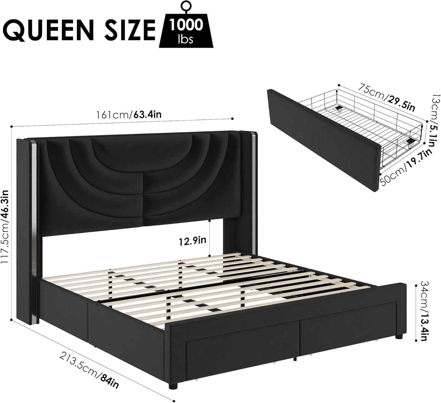 HITHOS Queen Upholstered LED Bed Frame with 2 Storage Drawers, Velvet Platform Bed with Wingback Headboard, Solid Wooden Slats Support, No Box Spring Needed, Headboard Splicing Design, Black - Image 2