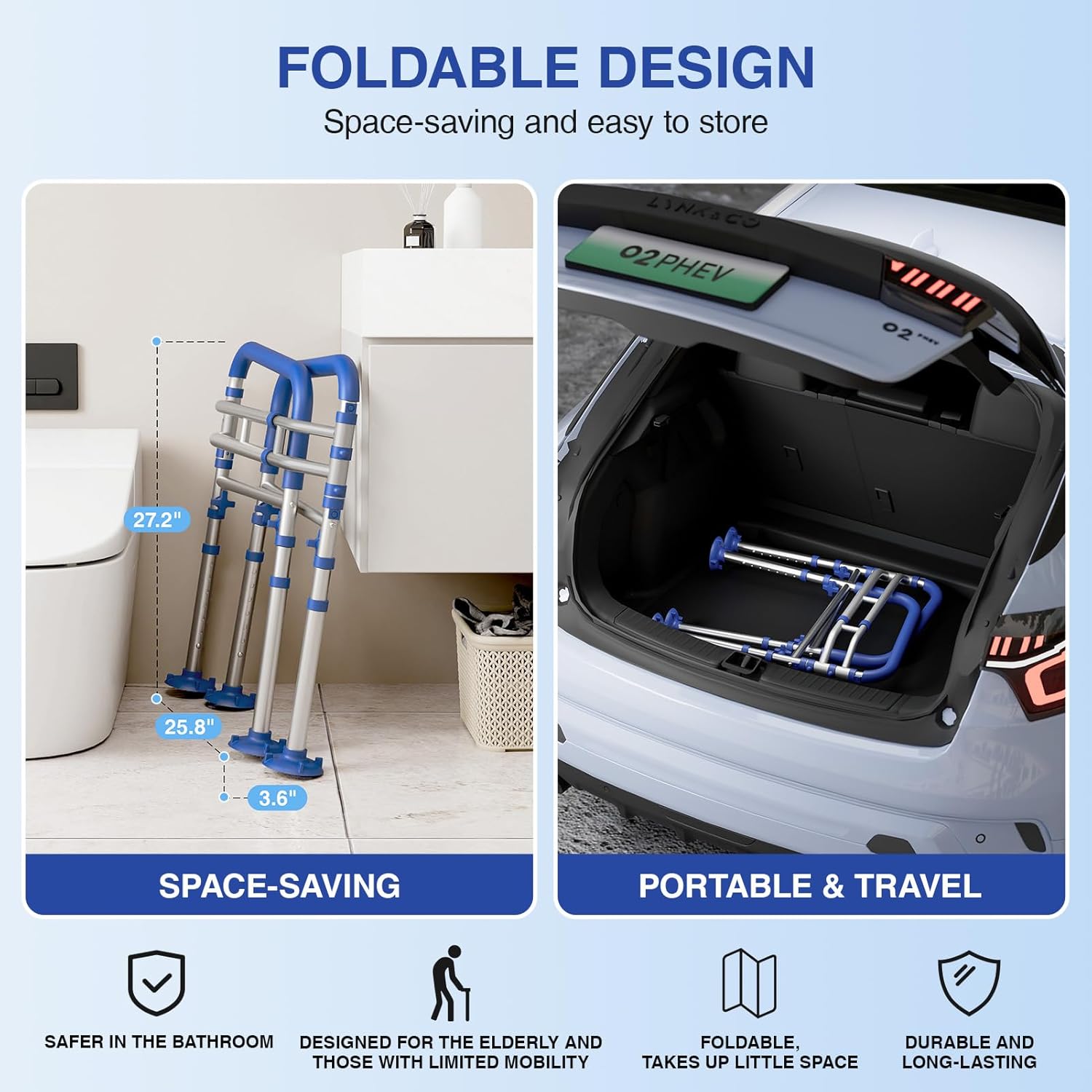 Foldable Toilet Safety Rails for Seniors - Adjustable Toilet Safety Frame & Toilet Handles for Elderly & Disabled, Fits Most Toilets, 350lb Capacity, Blue - Image 4