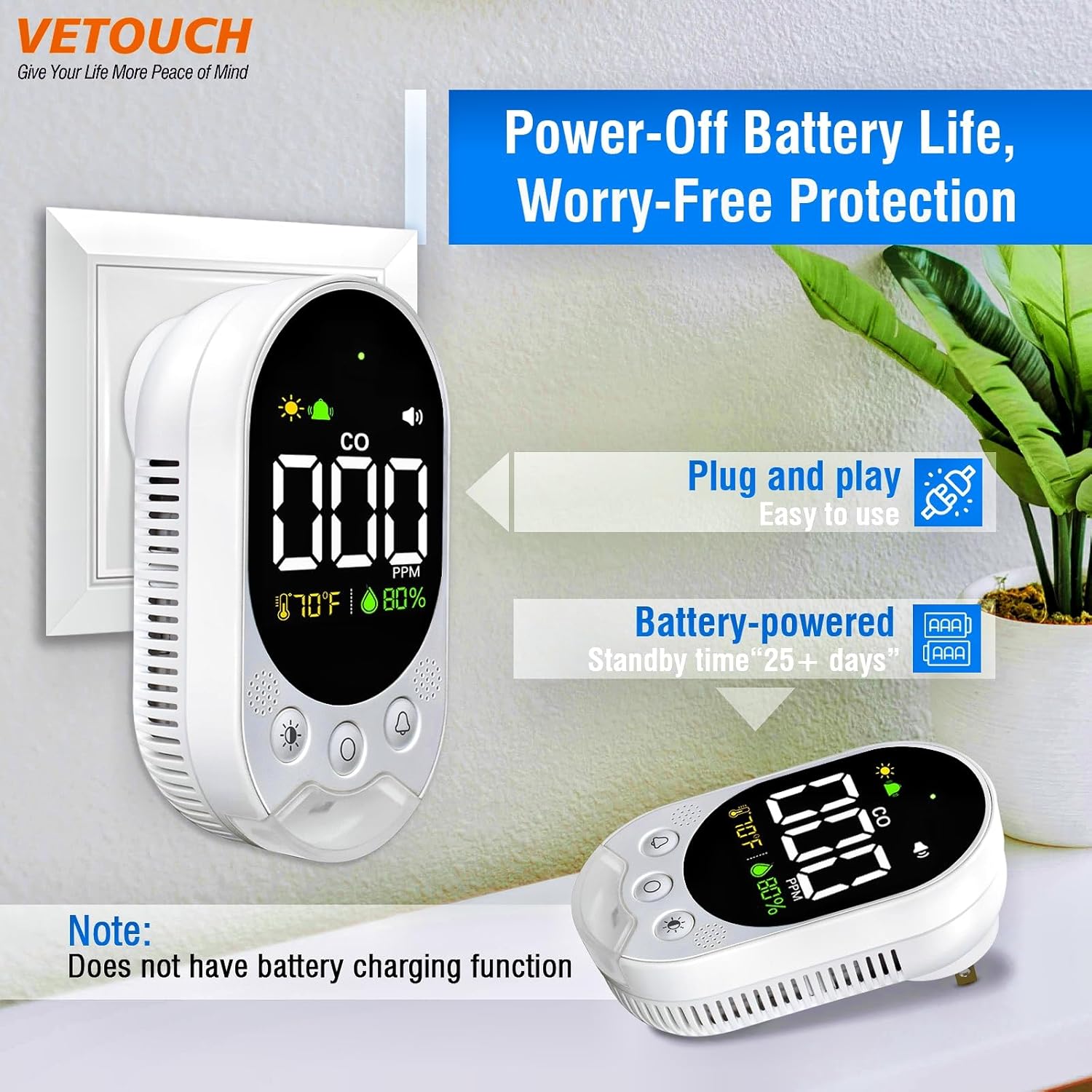 Portable Carbon Monoxide Detector Plug,Upgraded Version Configure Emergency Lighting CO Remind,Accurate Detection of CO Concentration Graded Warning, While Monitoring Temperature Humidity - Image 4
