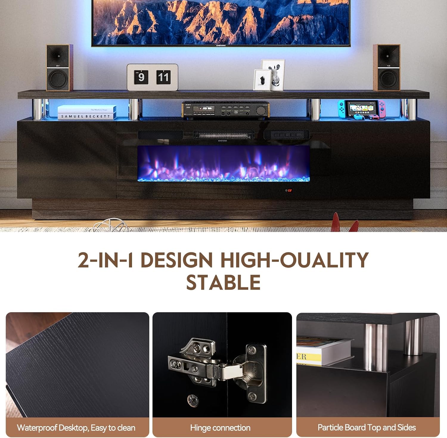 70" TV Stand for Living Room, Modern Entertainment Center & Media Console, Fits TVs up to 80", Storage Cabinet with Shelves, 36" Electric Fireplace with LED Flame (All Black) - Image 8