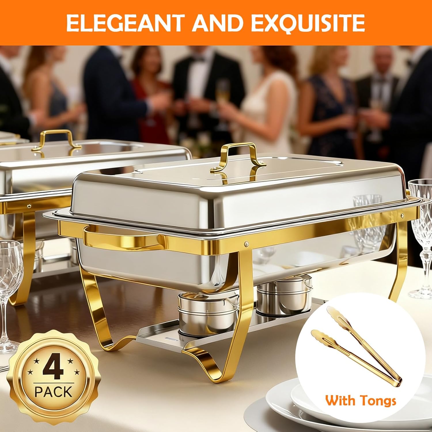 ALSO GO Chafing Dish Buffet Set 9QT 4 Pack, Gold Chafing Dishes for Buffet with 4 Serving Tongs, Buffet Set Full Size Large Serving Chafing Dishes, Warming Food Tray for Catering & New Year Parties - Image 2
