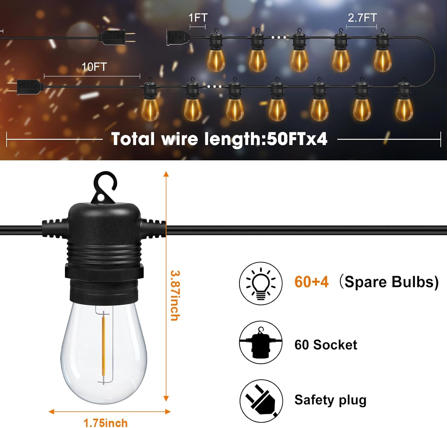 200FT(50FT*4) LED Outdoor String Lights Waterproof Patio Lights with 64 Shatterproof S14 Edison Bulbs(4 Spare), Dimmable Hanging Outdoor Light Connectable for Yard, Porch, 2700K Warm White - Image 6
