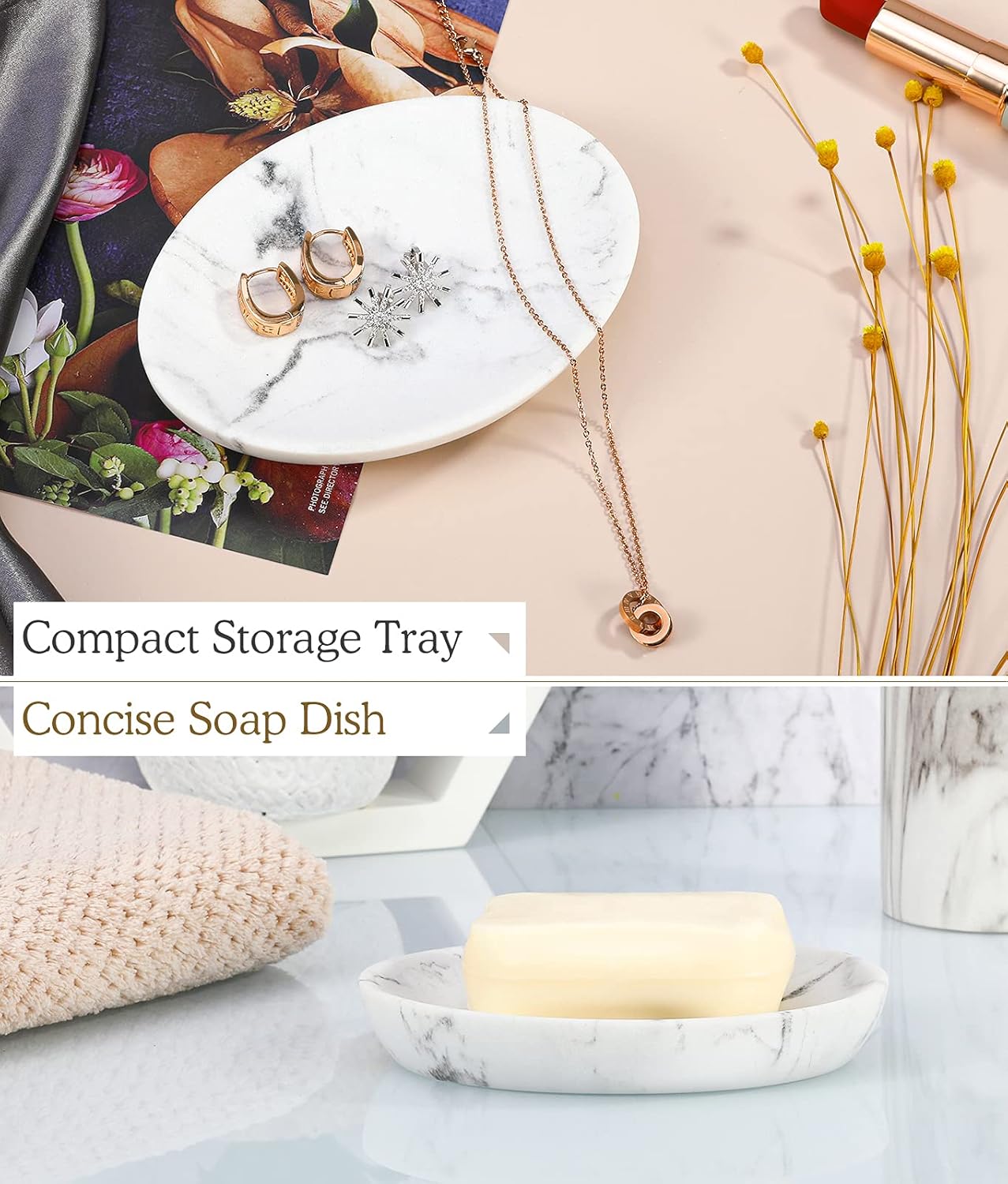 Luxspire Soap Dish, Resin Soap Tray Soap Holder Container Box, Marble Pattern Oval Soap Plate Case, Sponge Dish Scrubbers Tray Holder for Bathroom Vanity Shower Kitchen Sink Counter Top, Gravel White - Image 3