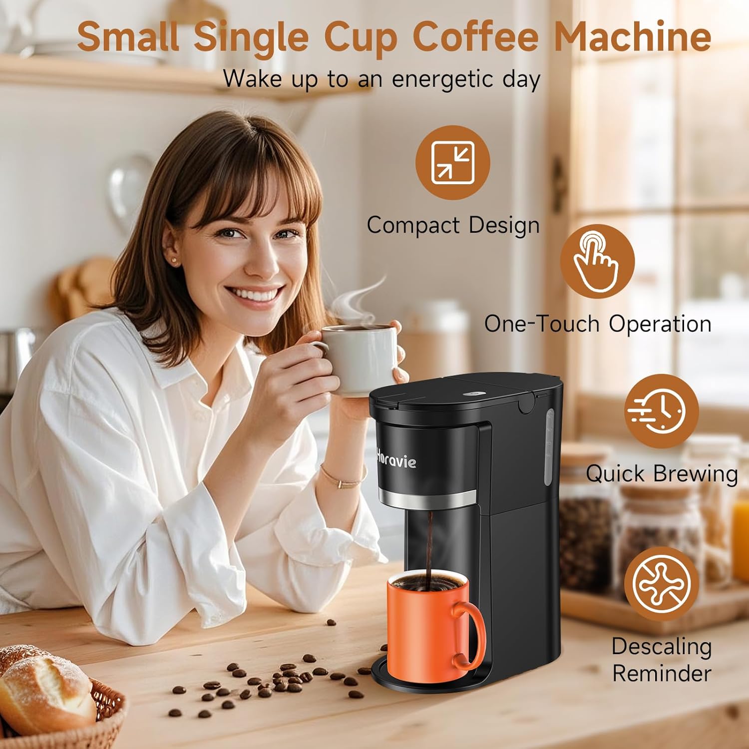 Small Single Serve Coffee Maker, Fast Brew One Cup Coffee Machine for K Cup and Grounds, 6 to 12 oz. Brew Sizes, Capsule Coffee Machine with Descaling Reminder and Viewing Tank, Black - Image 7