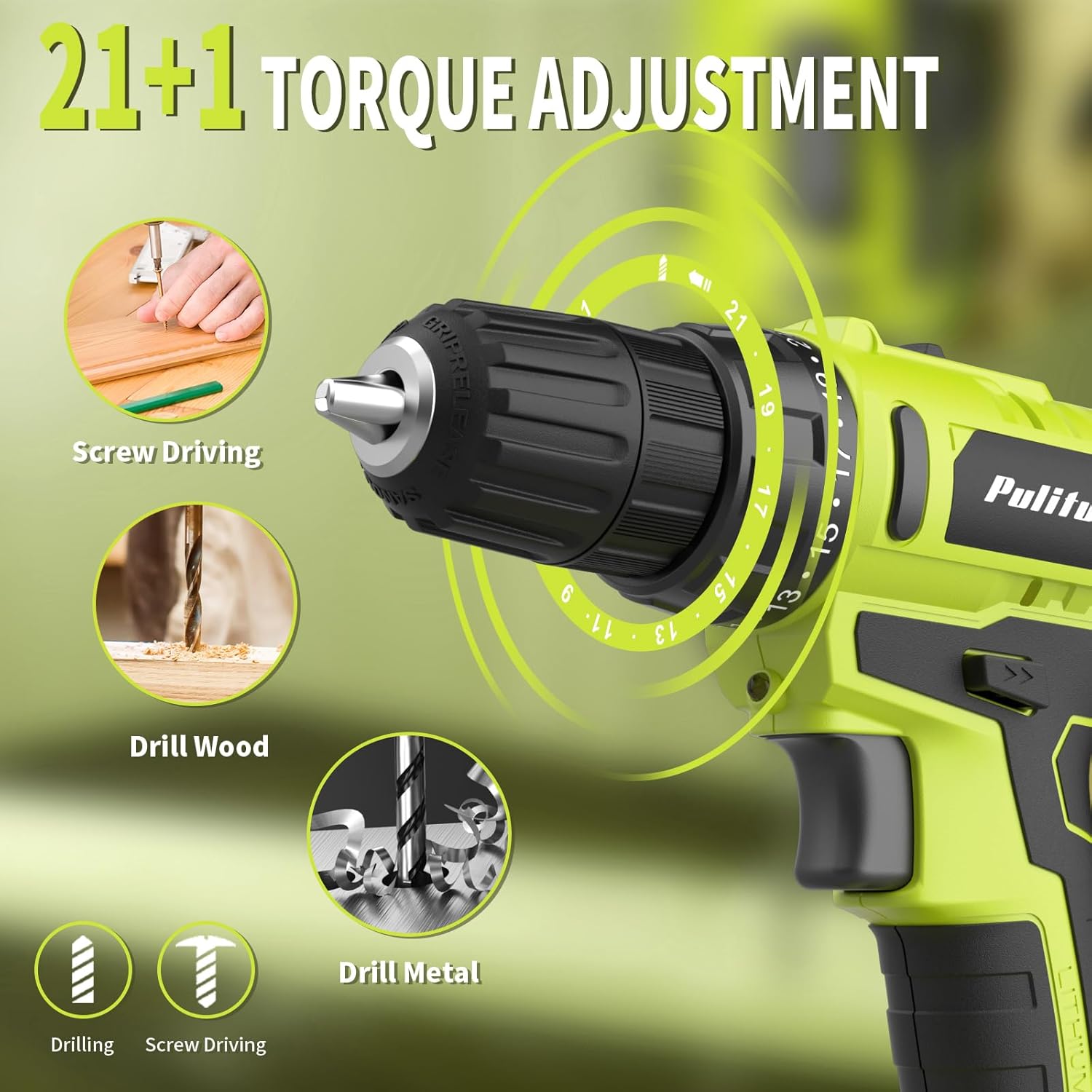 PULITUO'S 20V Cordless Drill/Driver, Electric Screwdriver - 2 Batteries, 30Nm, 21+1 Torque, 2 Speed, Keyless 3/8" Chase Drill with LED Light, Kit for Home (Green) - Image 5