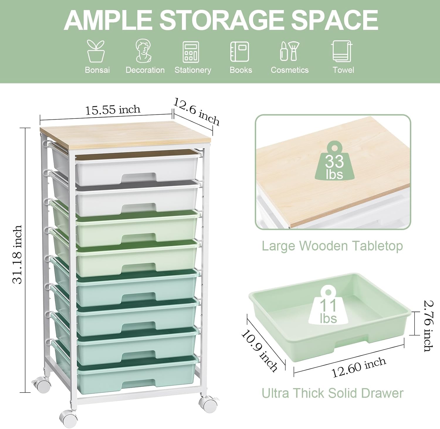 Rolling Storage Utility Cart Organizers with 8 Drawers and Wooden Tabletop for Living Room,Office,Classroom,Craft Room,Bedroom,Dorm,Green - Image 2