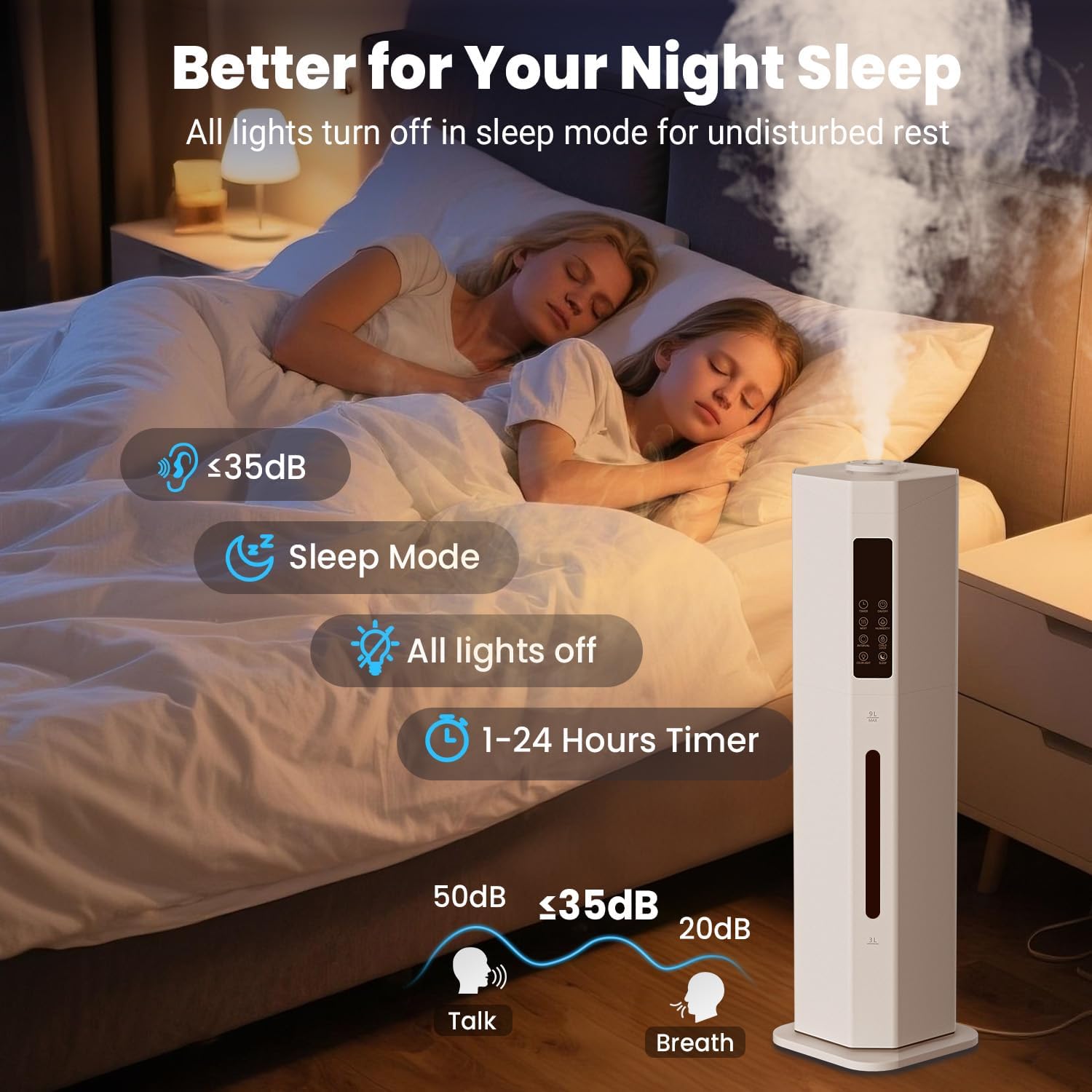 Humidifiers for Bedroom - GloryAir 2.38Gal/9L Top Fill Cool Mist Humidifier for Large Room 500ft² 120H Last with Auto Mode 7-Color Light Humidistat Aroma Box Quiet Humidifiers for Plants Baby & Adults - Image 6