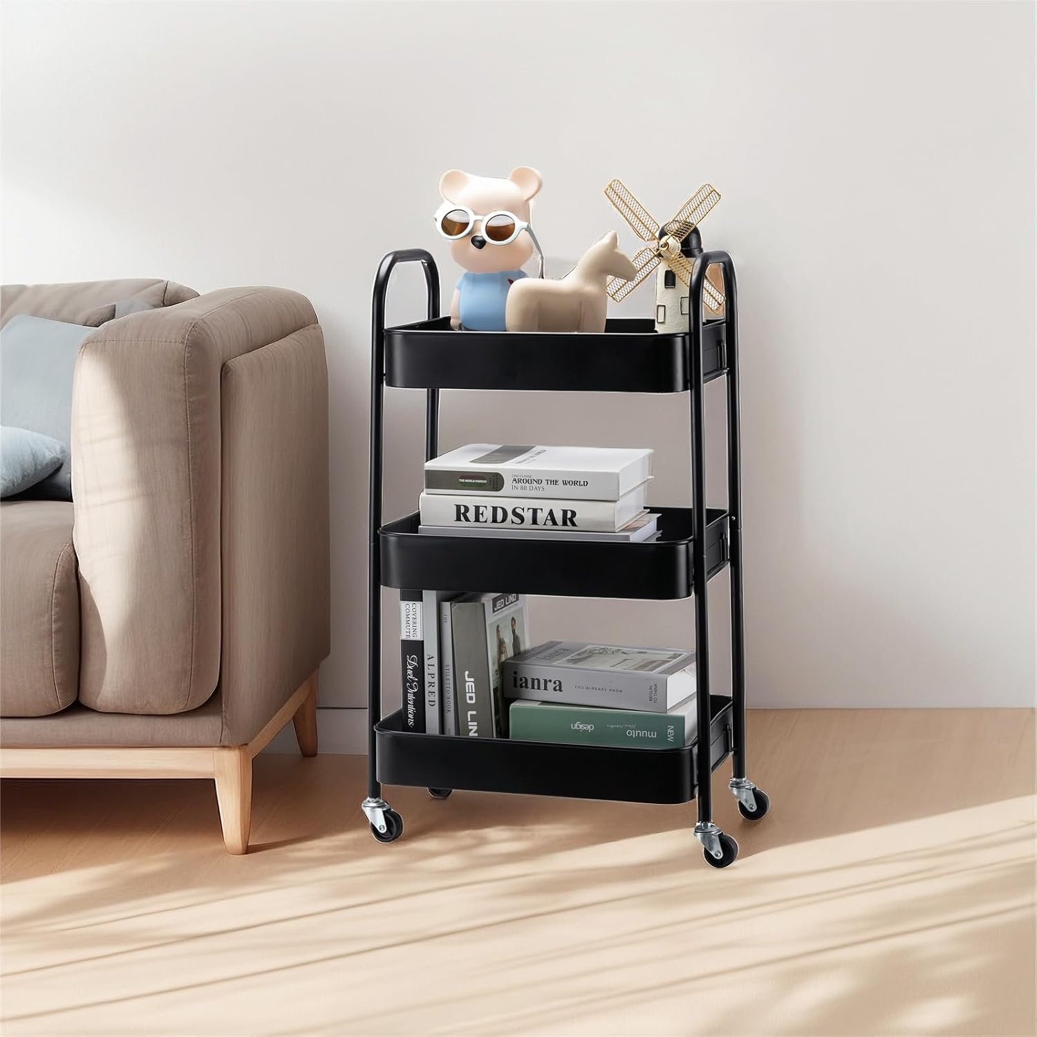 SETTFRFE 3 Tier Metal Utility Cart with Wheels,Rolling Storage Cart for Office,Dorm,Kitchen,Black - Image 9