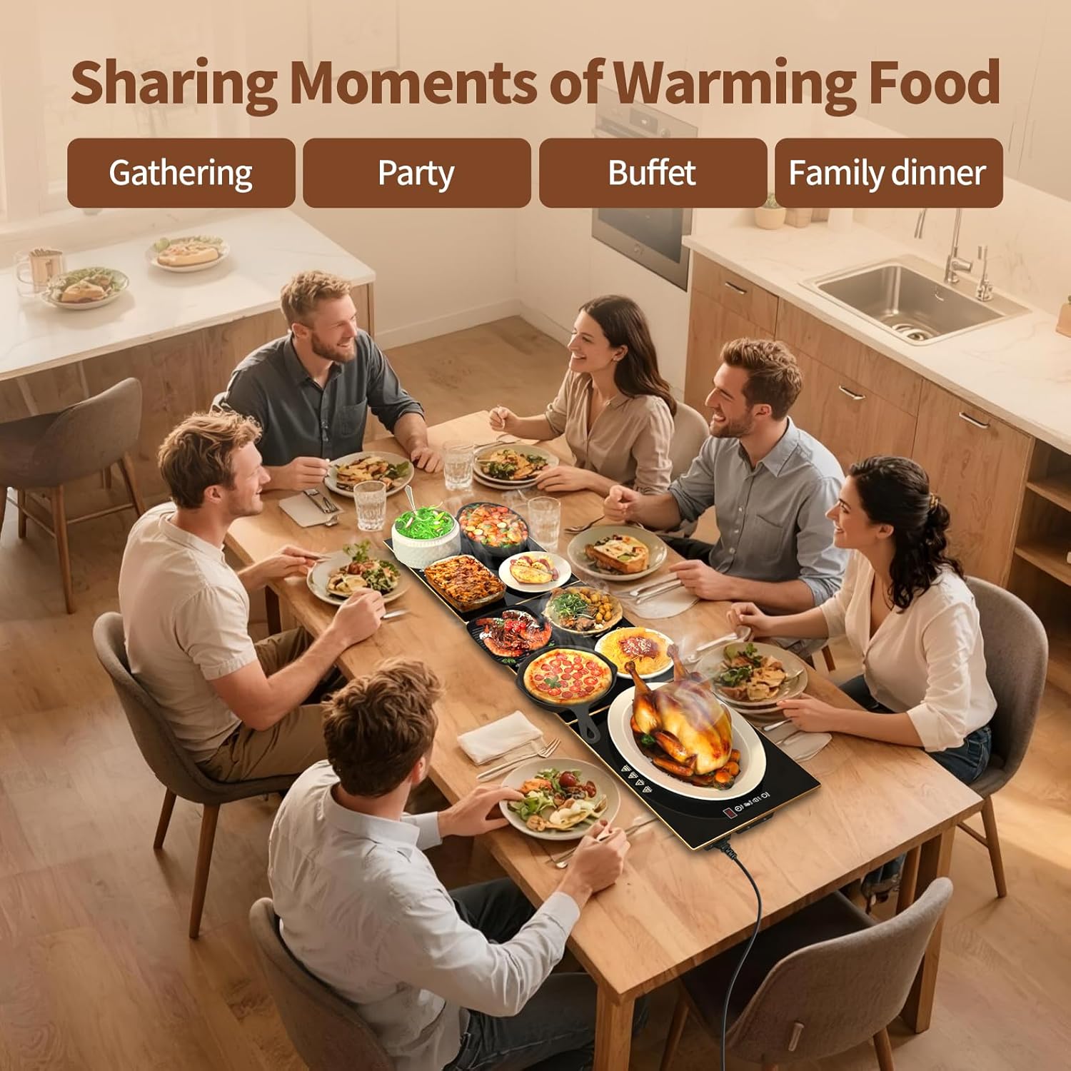 Food Warmers for Parties Buffet, (47"x12") Assemblable Stackable Electric Warming Tray with 8-Level Temperature Adjustment and 8-Hour Timer, Upgraded Desktop-Protecting Food Warming Mat - Image 6