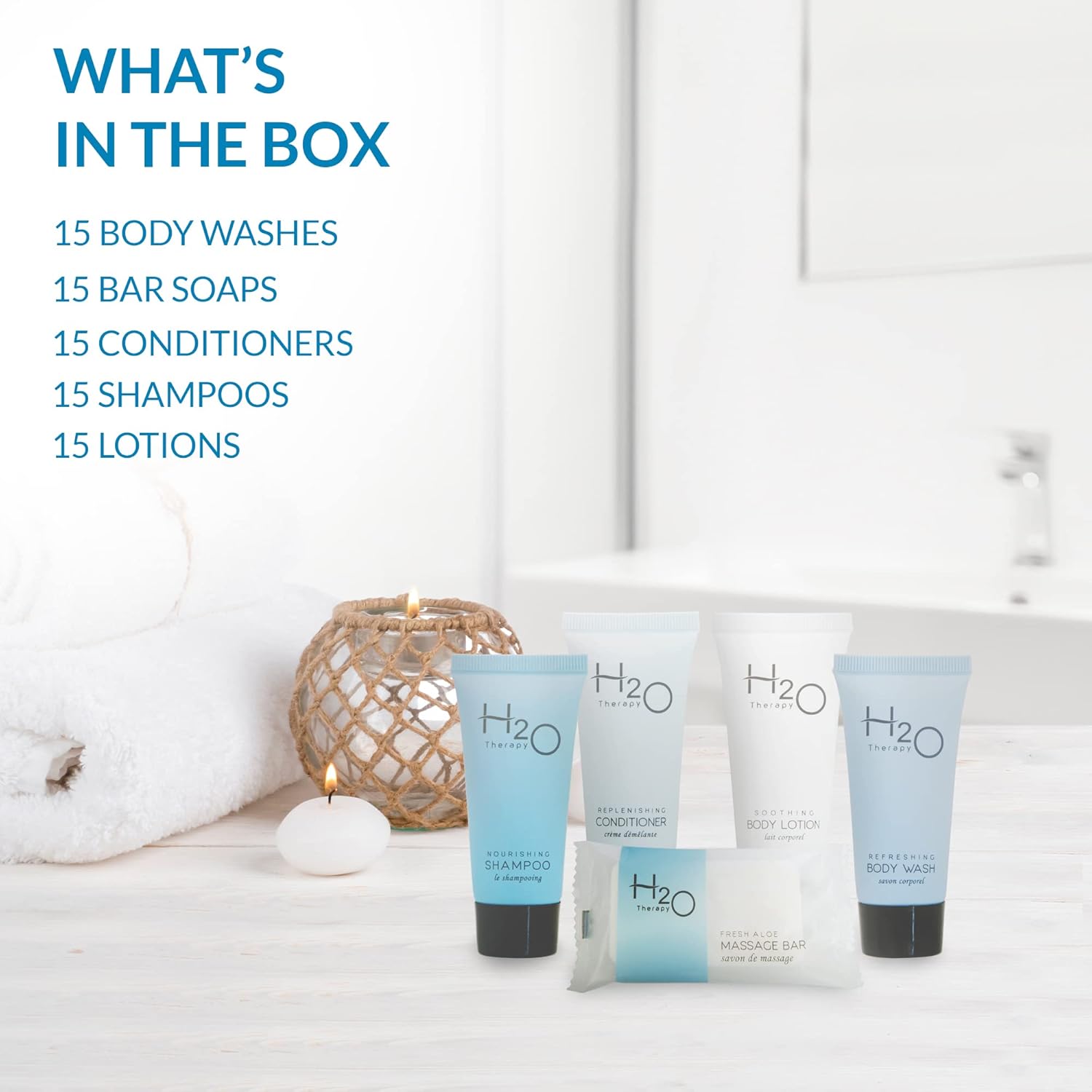 H2O Therapy Hotel Soaps & Toiletries Bulk Set | 1-Shoppe Amenities Kit | 0.85oz Shampoo & Conditioner, Body Wash, Lotion, 1oz Bar Soap | Travel Size | 75 Pieces - Image 3