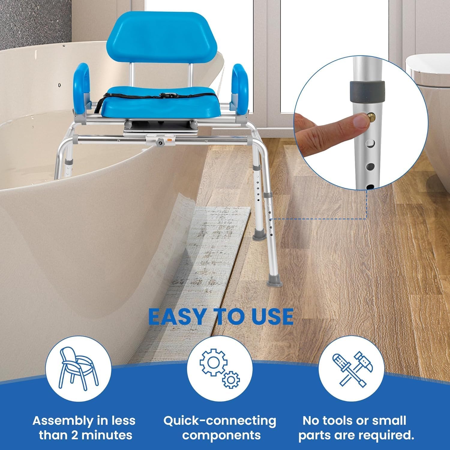 Platinum Health Carousel Sliding Shower Chair Tub Transfer Bench with Swivel Seat, Premium Padded, Pivoting Arms, Adjustable Space Saving Design for Tubs, Inside Shower, for Handicap & Seniors, Blue - Image 5