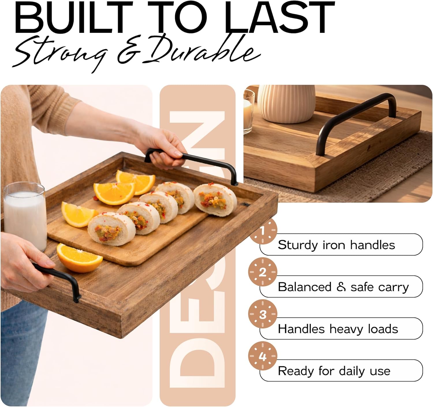Besti Rustic Vintage Food Serving Trays (Set of 2) | Nesting Wooden Board with Metal Handles | Stylish Farmhouse Decor Serving Platters | Large: 15 x2 x11 - Small: 13 x2 x9 inches (Rustic Burnt) - Image 3