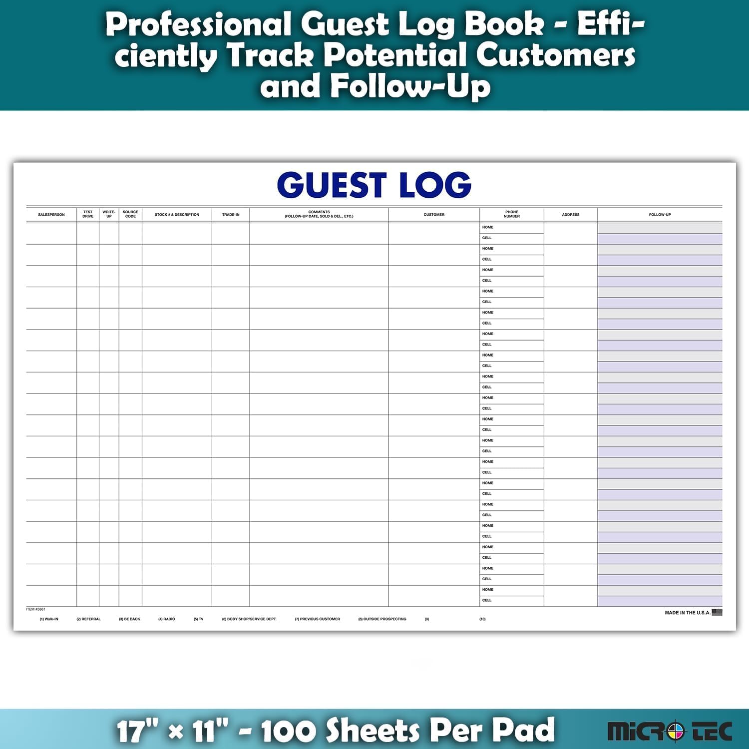 Guest Log Book for Automotive Dealerships – Customer Sign-in Tracking Log – 17" × 11" Visitor Registration Book – 100-Sheet Pad for Auto Service Centers, Repair Shops, Lead Management - 1 Pad - Image 4