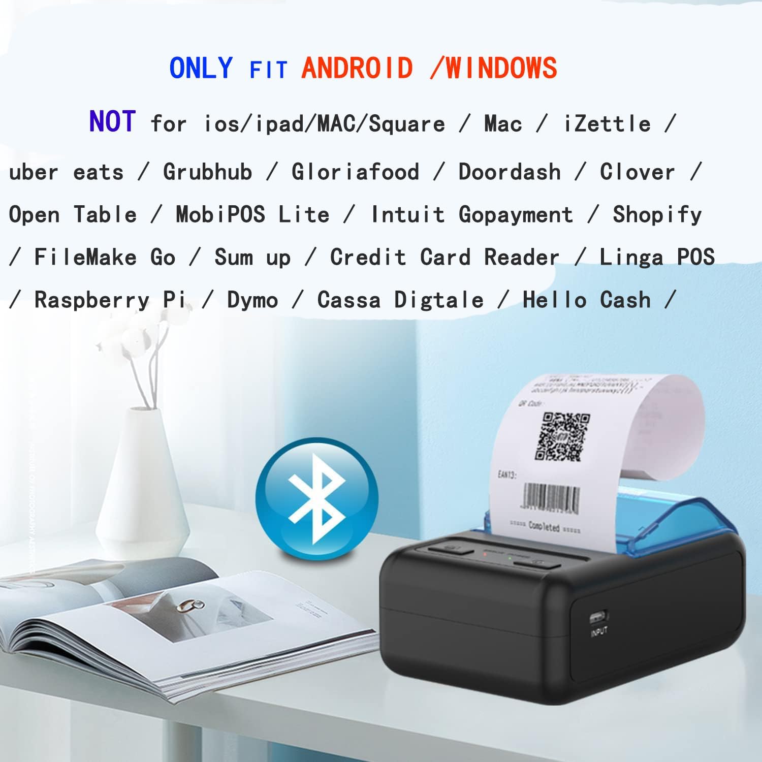 NOT for iphone/ipod/tablet/ipad/MAC,Bluetooth Receipt Printer, 58mm Mini Wireless POS Thermal Printer for Restaurant sales retail,portable pocket bill ticket receipt printer,only fit android/Windows - Image 2
