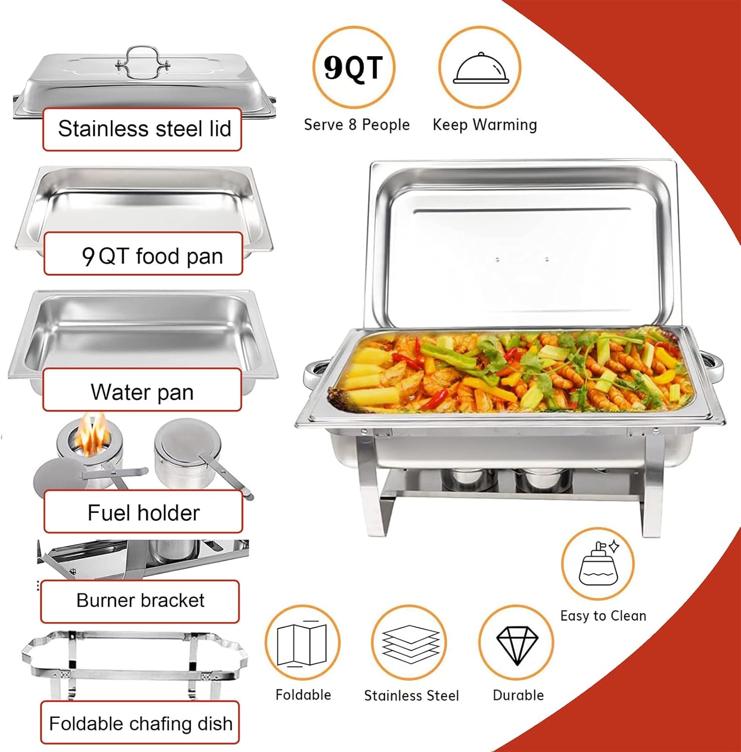 Chafing Dishes for Buffet 4 Pack 9 Quart Stainless Steel Chafer Buffet Servers and Warmers Set with Folding Frame for Weddings Parties Banquets Catering Events - Image 8