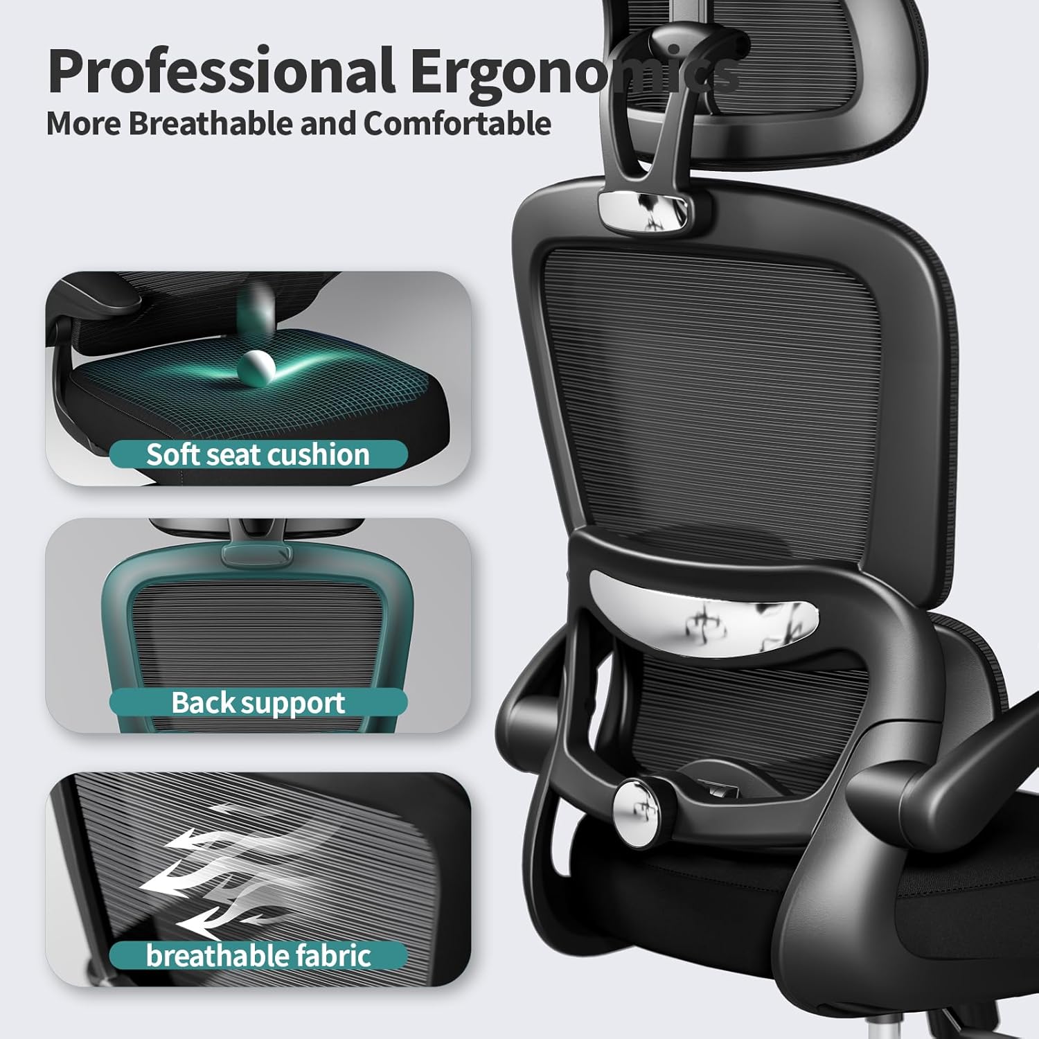 TRALT Office Chair Ergonomic Desk Chair, 330 LBS Home Mesh Office Desk Chairs with Wheels, Comfortable Gaming Chair, High Back Office Chair for Long Hours (Black) - Image 3