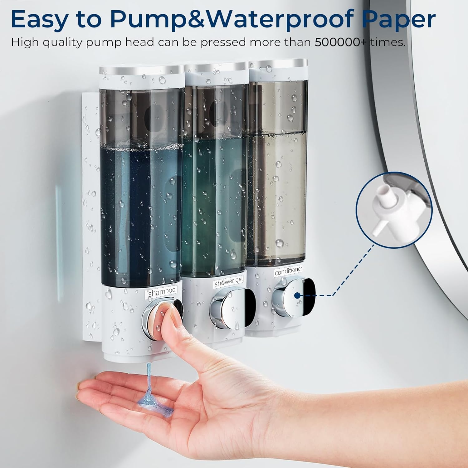 Shampoo and Conditioner Dispenser, Pollock Shower Soap Dispenser 3 Chamber No Drill, Wall Mounted Shampoo Body Wash Conditioner for Bathroom Large Capacity,White - Image 3