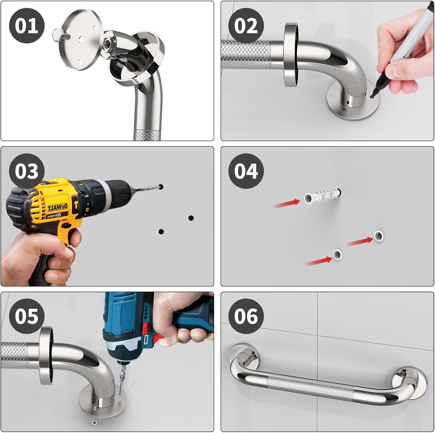 2 Pack 12 Inch Anti Slip Shower Grab Bar Handle, ZUEXT Chrome Stainless Steel Bathroom Grab Bar, Knurled Bathroom Balance Bar,Safety Hand Rail Support,Handicap Elderly Injury Senior Assist Bath Handle - Image 6