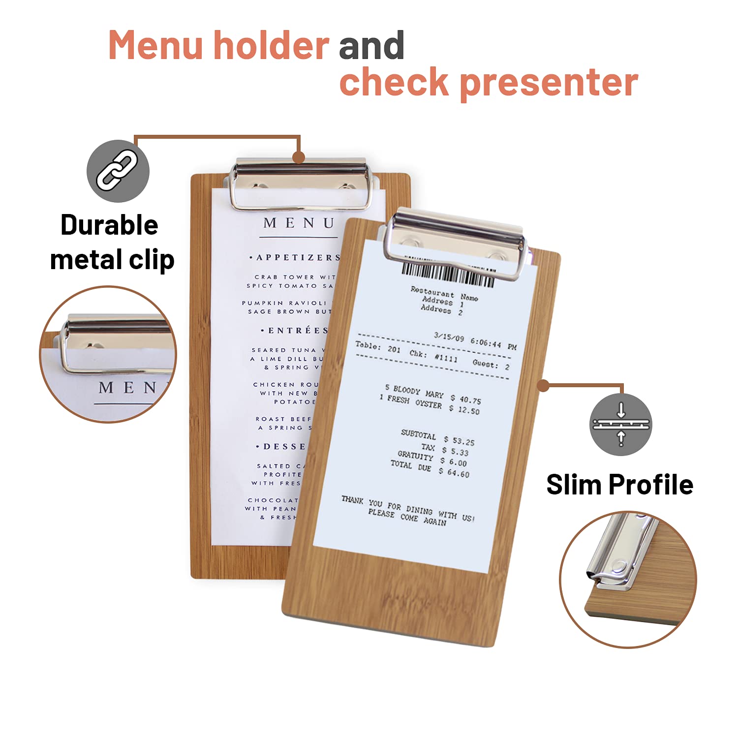 Olbia 10-Pack Wood Check Presenters for Restaurants, Server Book, Menu Holder for Cafes, Wooden Clip Board, Cute Waitress Book Organizer, Server Note Pads, Guest Check Book 8" x 4" (Natural) - Image 2
