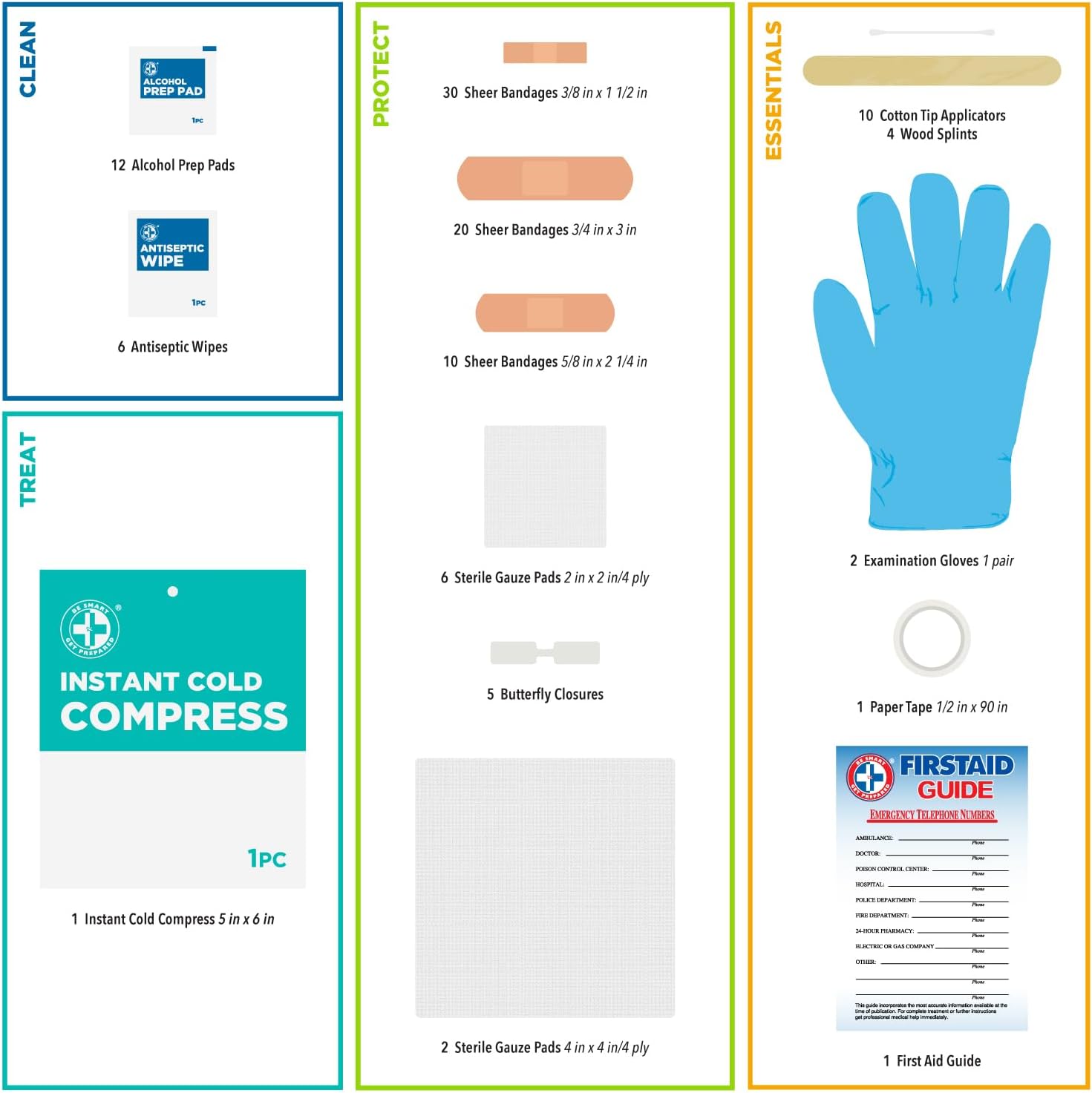 Be Smart Get Prepared 110 pc First Aid Kit: Clean, Treat, Protect Minor Cuts, Home, Office, Car, School, Business, Travel, Emergency, Outdoor, Camping & Sports, FSA/HSA (Packaging may vary) - Image 10