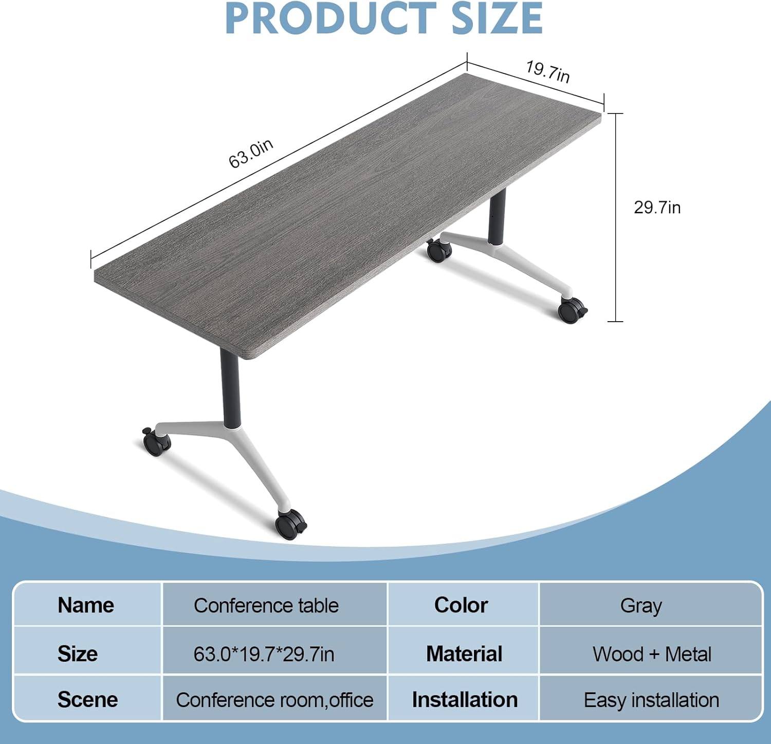 Folding Conference Room Tables,Mobile Training Table with Wheels - Rectangular Large Business Seminar Furniture Tables for Office,Meeting Room,School,Wooden (6, Gray, 61IN) - Image 2
