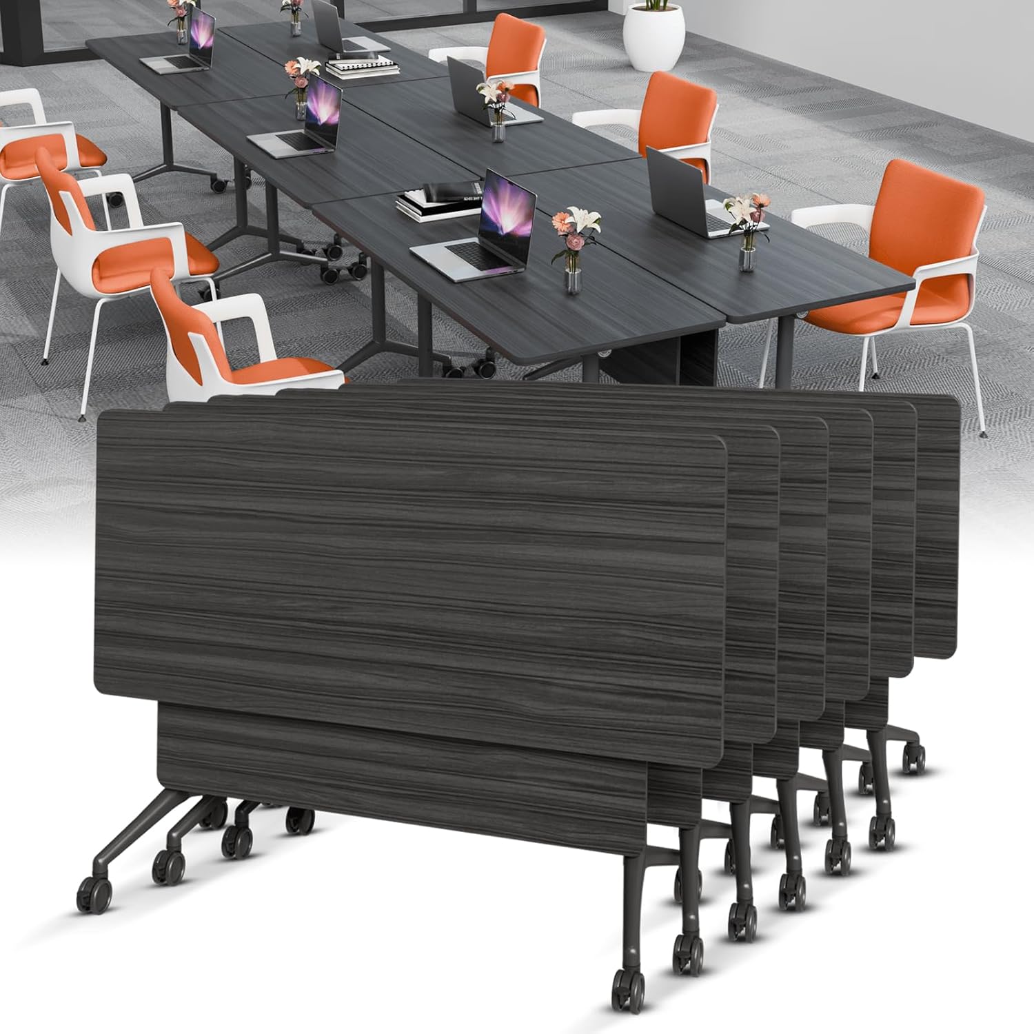 Folding Conference Room Tables,Mobile Training Table with Wheels - Rectangular Large Business Seminar Furniture Tables for Office,Meeting Room,School,Wooden (6, Black A, 61IN)