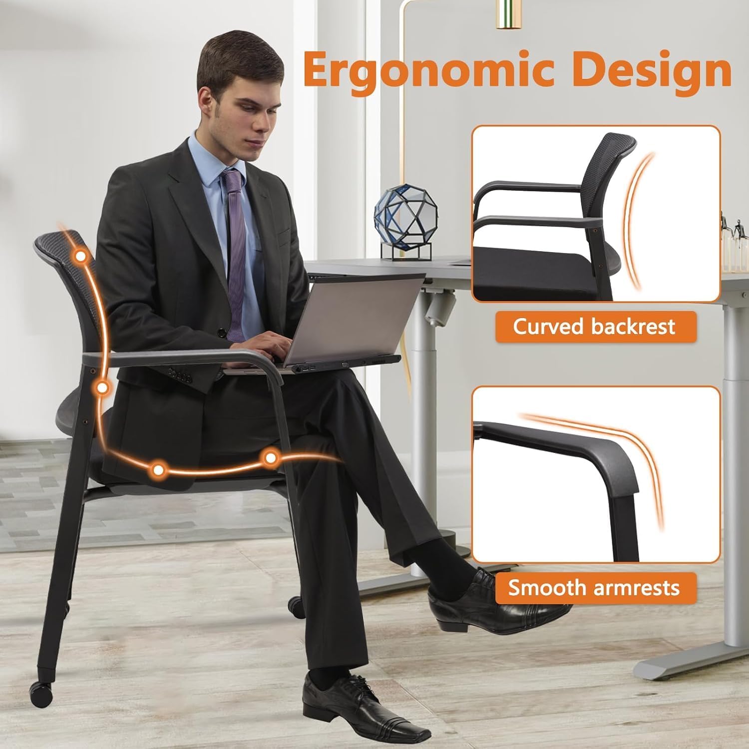 CLATINA Mesh Back Guest Reception Arm Chairs with Wheels, Waiting Room Chairs with Upholstered Fabric Seat and Ergonomic Lumbar Support for Office, 8PK - Image 7
