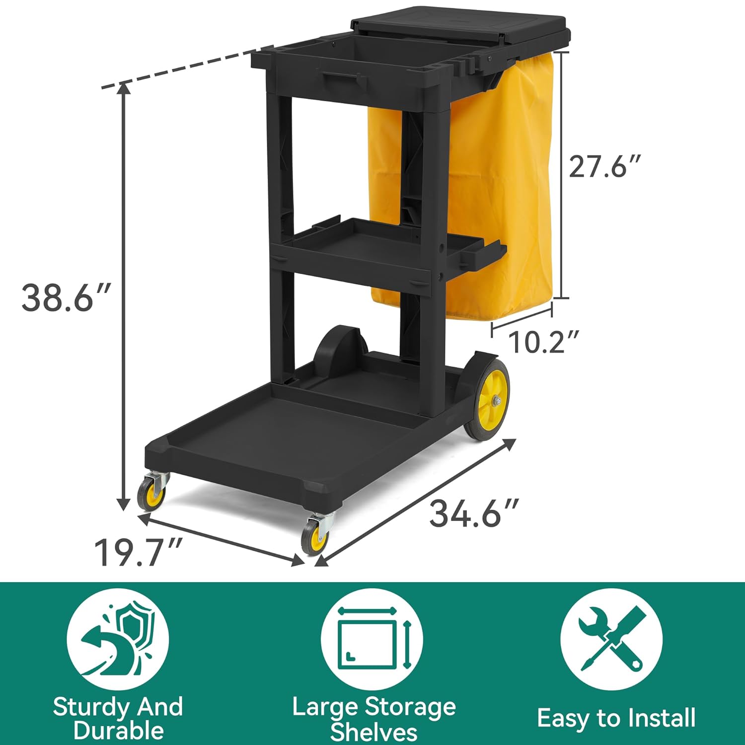 YITAHOME Cleaning Carts on Wheels, Janitorial Cart, 3-Shelf Commercial Traditional Plastic Housekeeping Cart, with 2 Yellow 25 Gallon Vinyl Bag and Pair of Rubber Gloves, Black - Image 2
