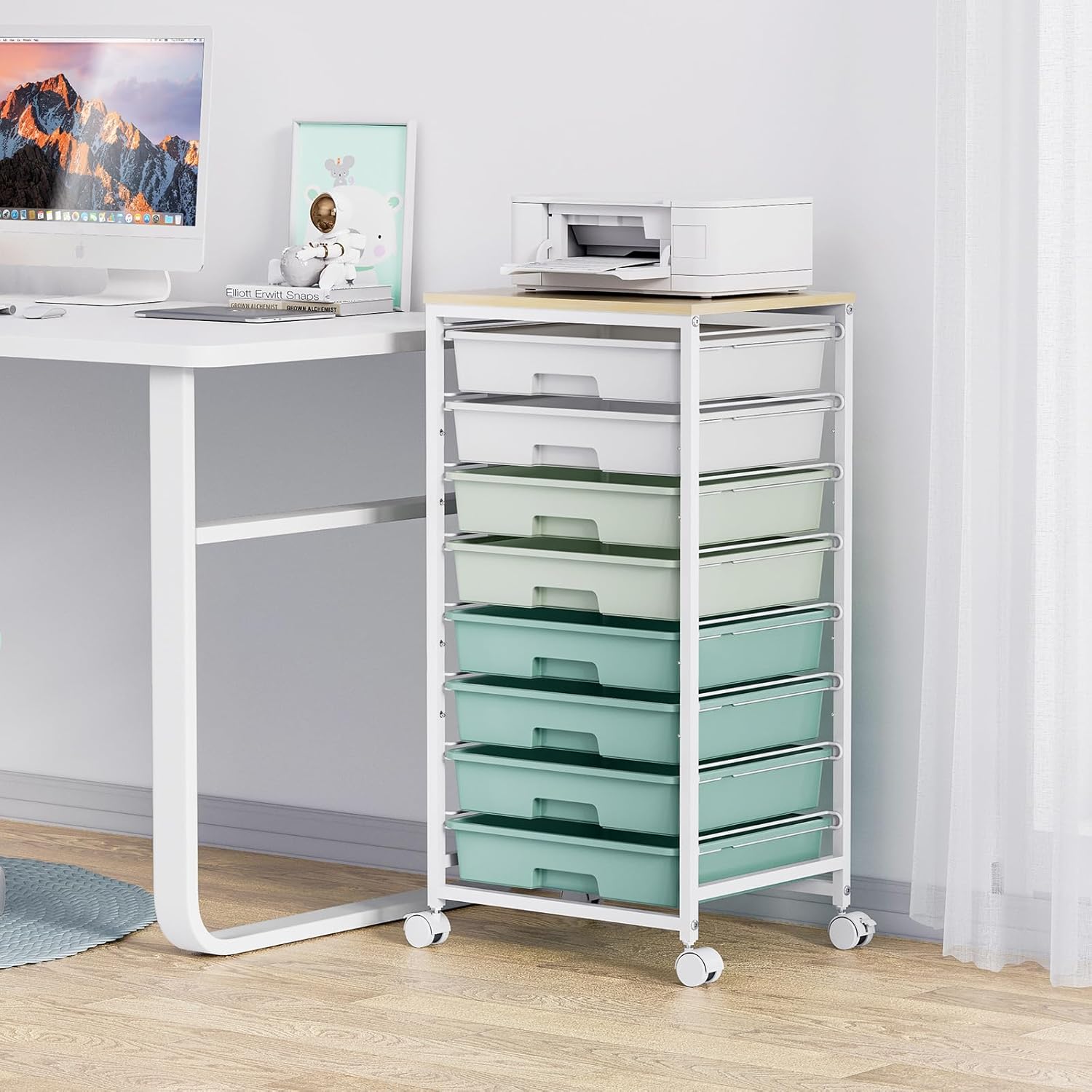 Rolling Storage Utility Cart Organizers with 8 Drawers and Wooden Tabletop for Living Room,Office,Classroom,Craft Room,Bedroom,Dorm,Green - Image 6