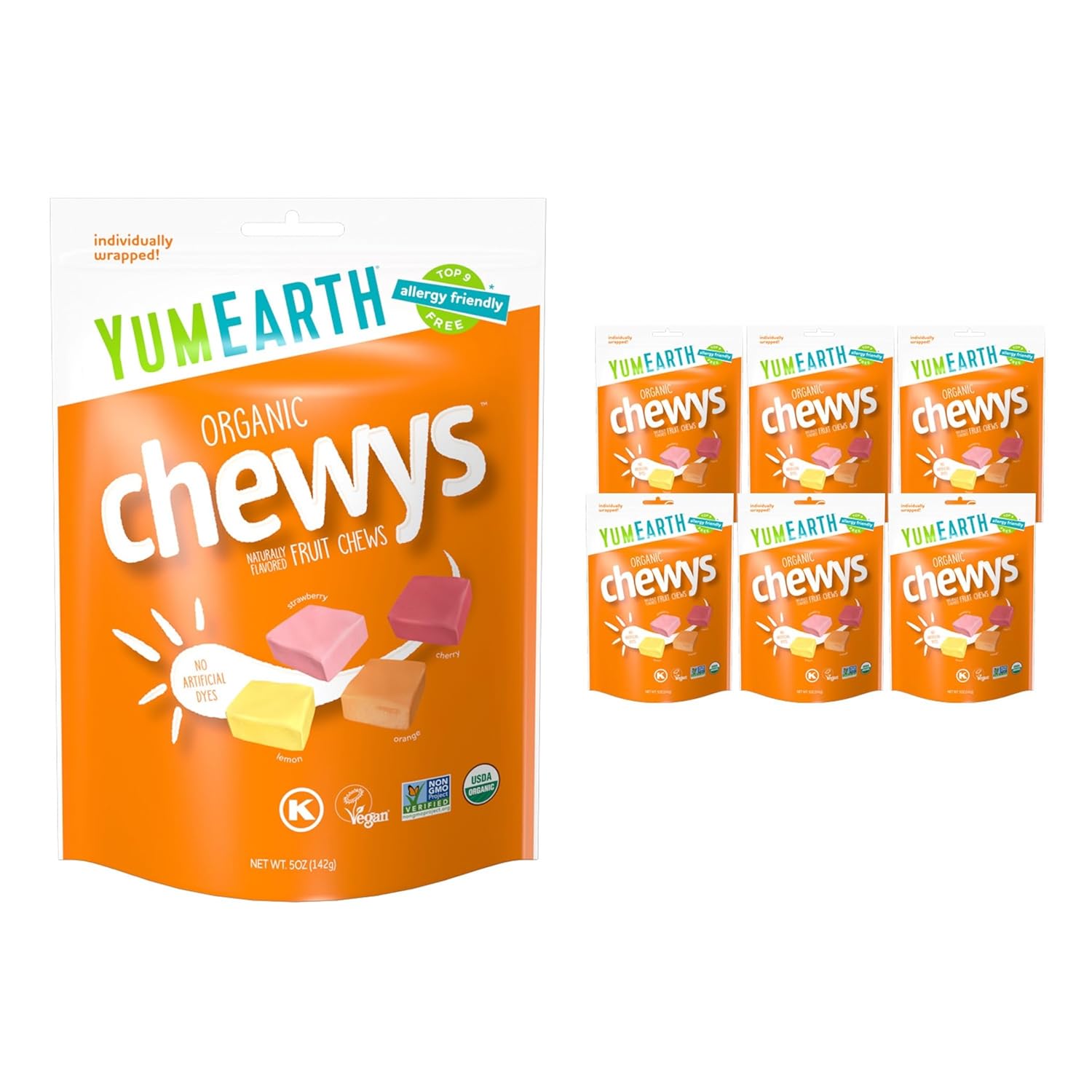 YumEarth Organic Fruit Chews - Fruit Flavored Candy Chews, No Dye, Allergy Friendly, Gluten Free, Non-GMO, Vegan Candy with No Artificial Dyes, 5 ounce (Pack of 6)