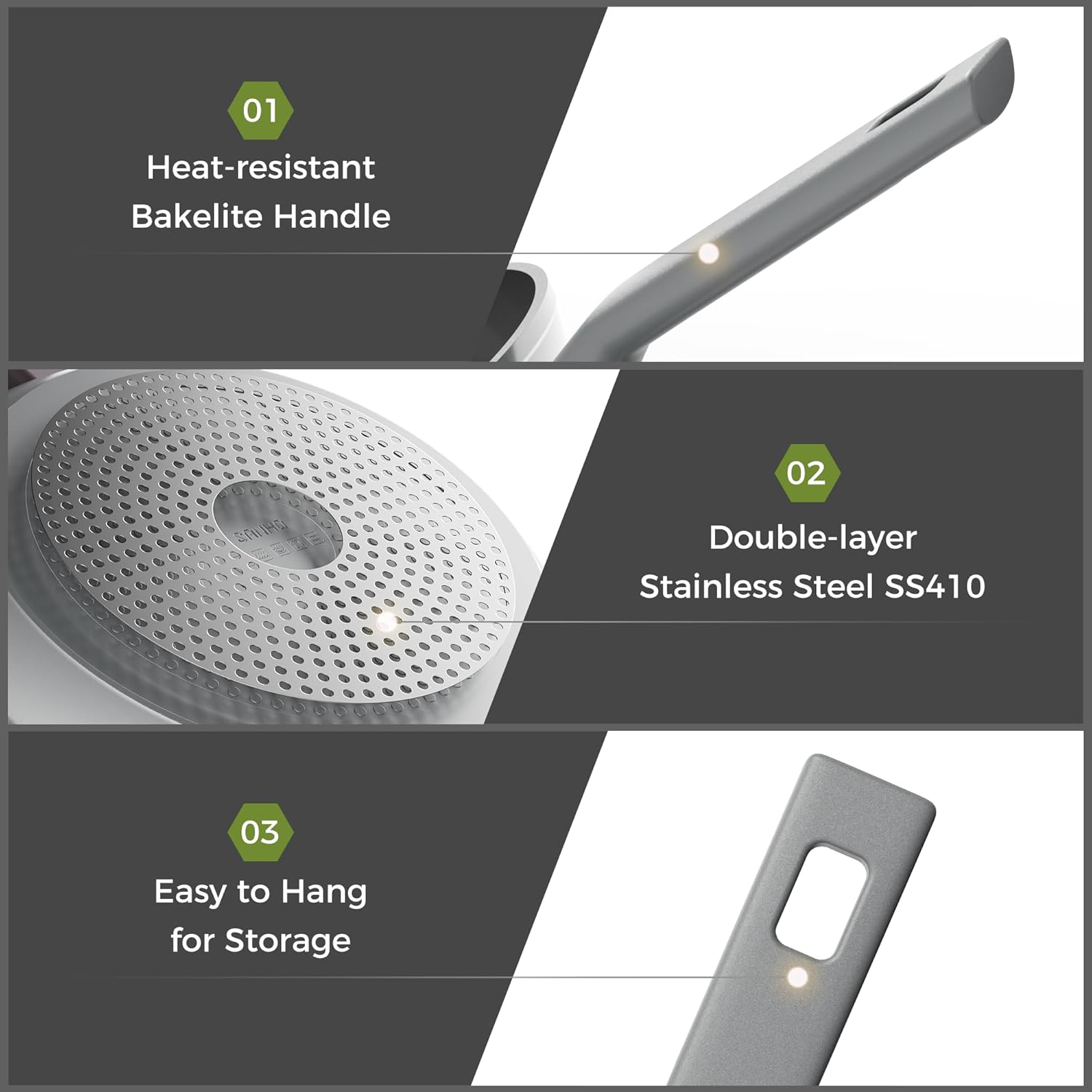 Sanho Diamond-Titanium Ceramic Nonstick Fry Pan Set, 10in & 12in Frying Pans, PFAS PFOA PTFE Free, Dishwasher Safe & Induction Compatible Cookware with Cool-Touch Handle, Gray - Image 7