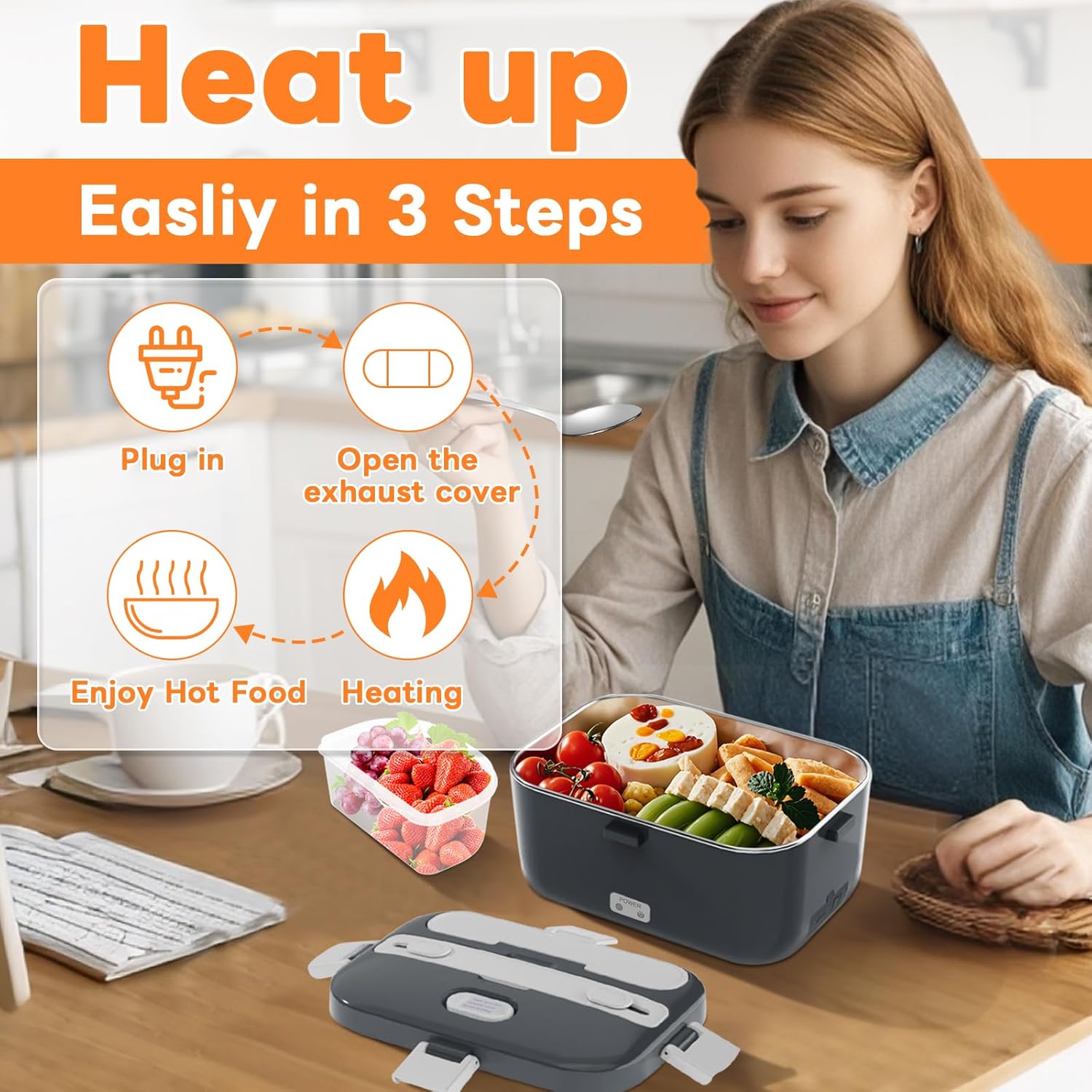 DUPASU Electric Lunch Box Food Warmer: 100W Heated Lunch Box for Adults, 1.8L Portable Fast Heating Lunchbox Food Heater for Car, Truck, Work, Travel, Lonchera Elctrica Porttil 12/24V/110-230V - Image 5