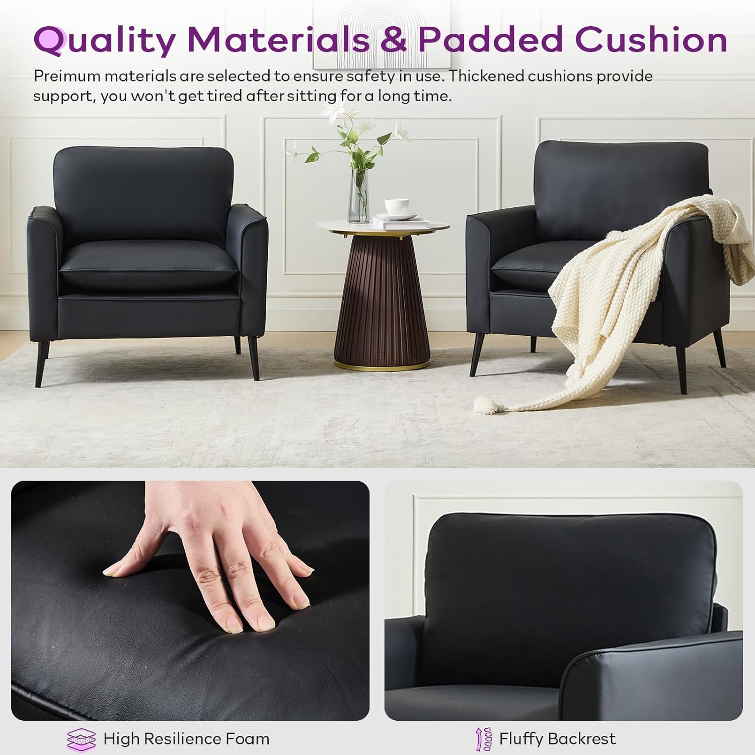 TYBOATLE Accent Chairs Set of 2, Black Leather Accent Chair, Comfy Living Room Chair, Cozy Reading Sitting Chair, Mid Century Modern Accent Chairs, Arm Reception Chairs, Office Furniture - Image 4