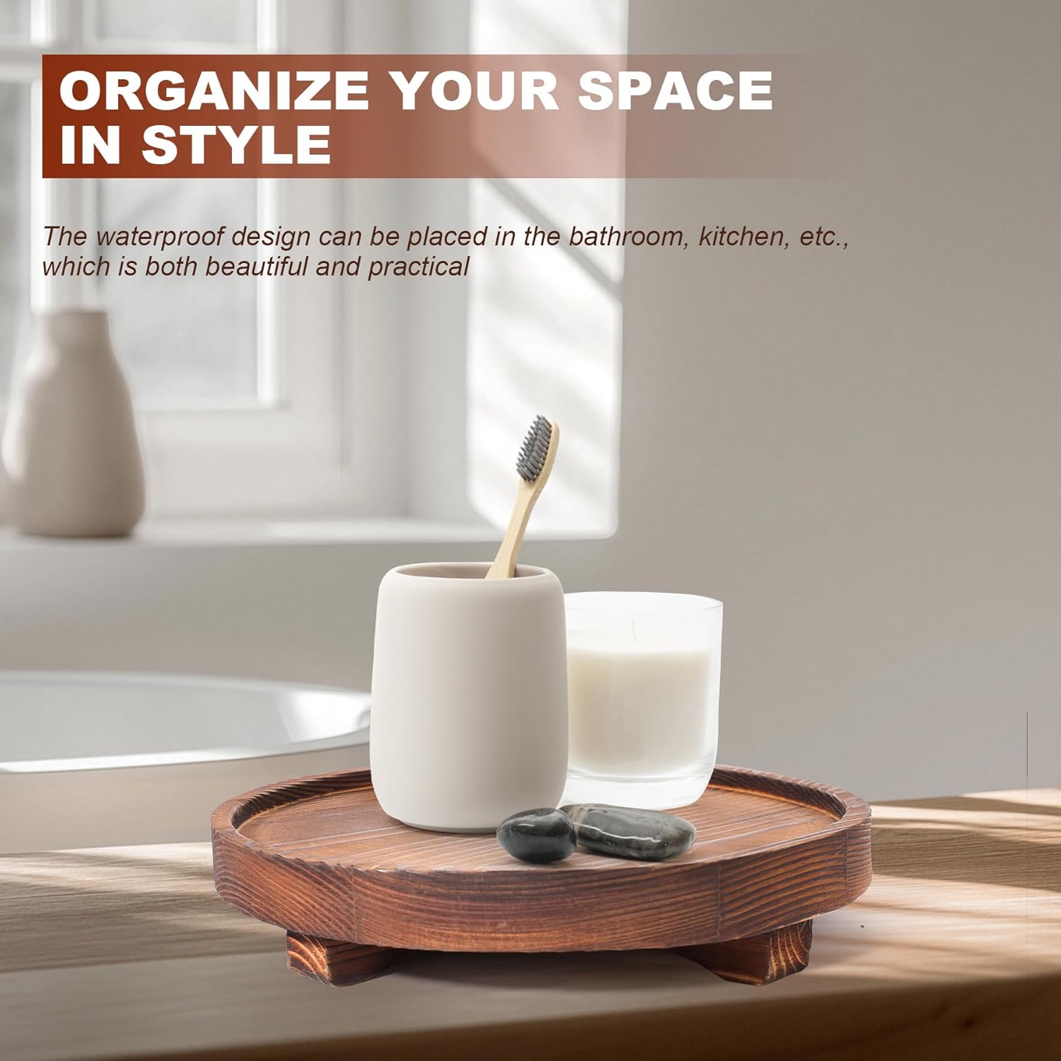 Round Wooden Decorative Tray - Rustic Wood Soap Tray for Kitchen and Bathroom Counter Organizer, Farmhouse Kitchen Decor Wooden Riser for Soap Dish, Perfume, Candle, Potted - Image 8