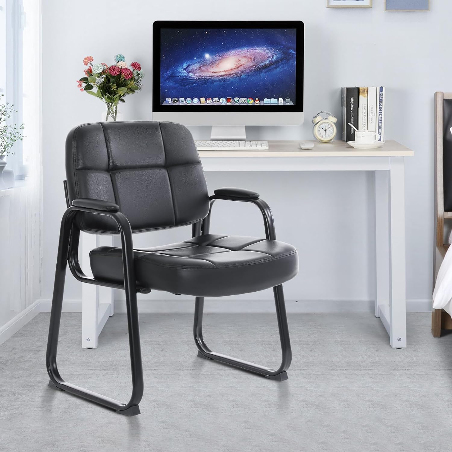 CLATINA Big & Tall Waiting Room Guest Chair with Bonded Leather Padded Arm Rest and Sled Base for Office Reception Lobby and Conference Desk, Black - Image 2