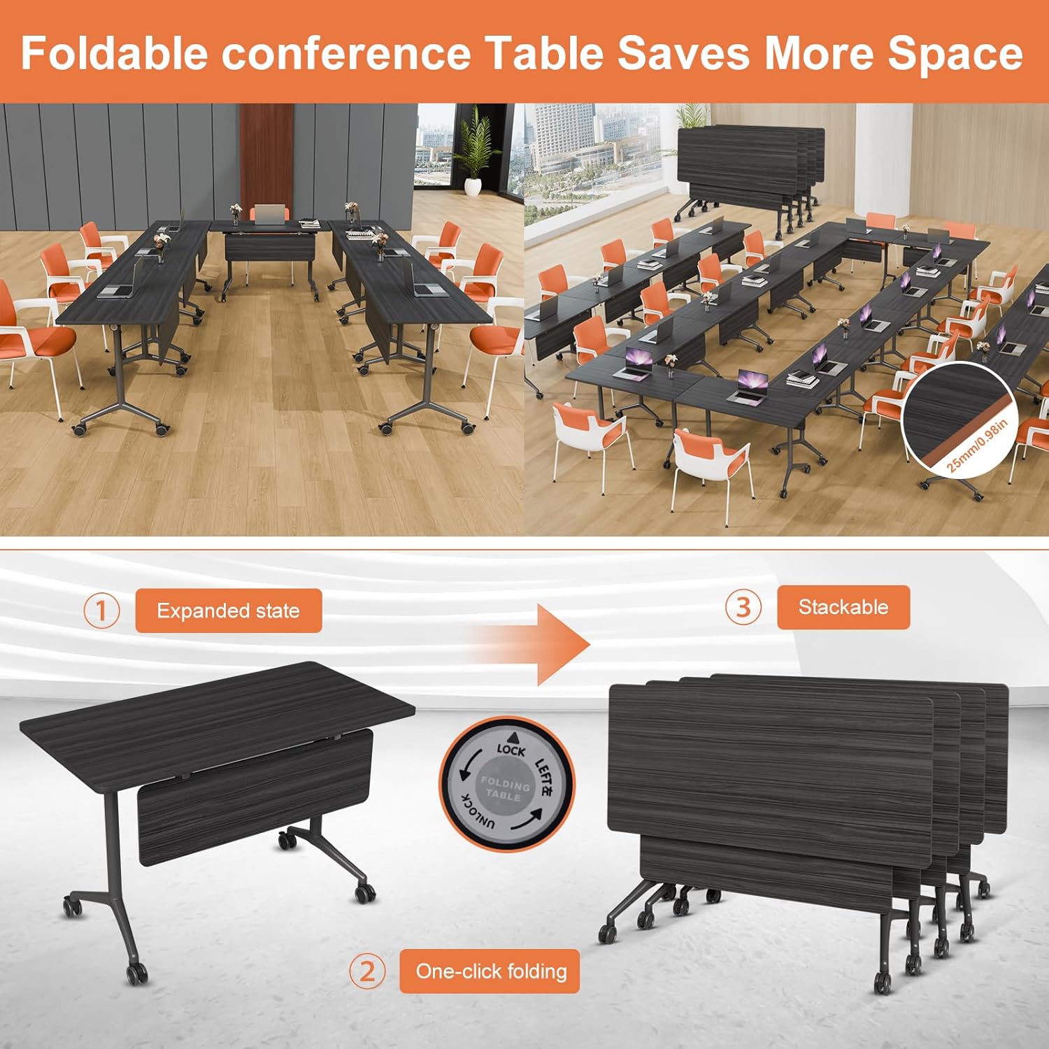 Folding Conference Room Tables,Mobile Training Table with Wheels - Rectangular Large Business Seminar Furniture Tables for Office,Meeting Room,School,Wooden (6, Black A, 61IN) - Image 4