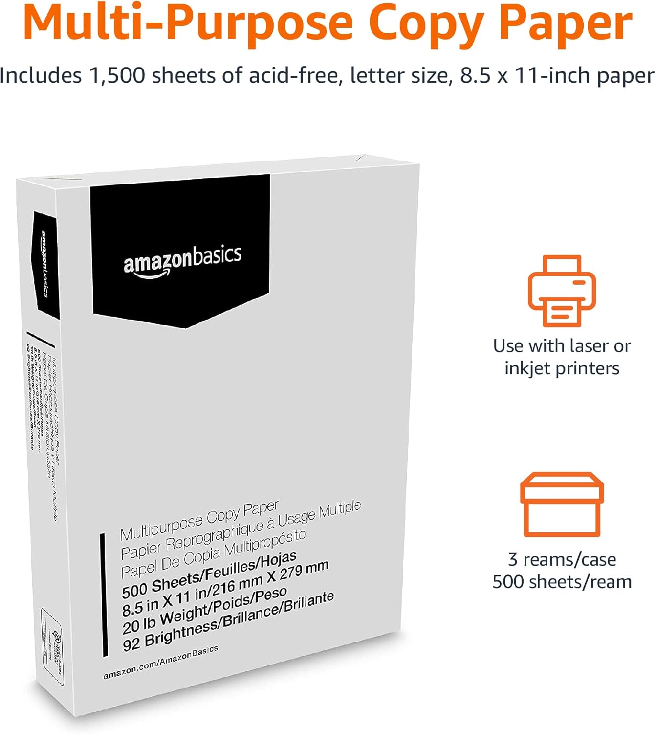 Amazon Basics Multipurpose Copy Printer Paper, 20 lb, 8.5 x 11 Inches, 3 Reams (1,500 Sheets), 92 Bright, White - Image 2