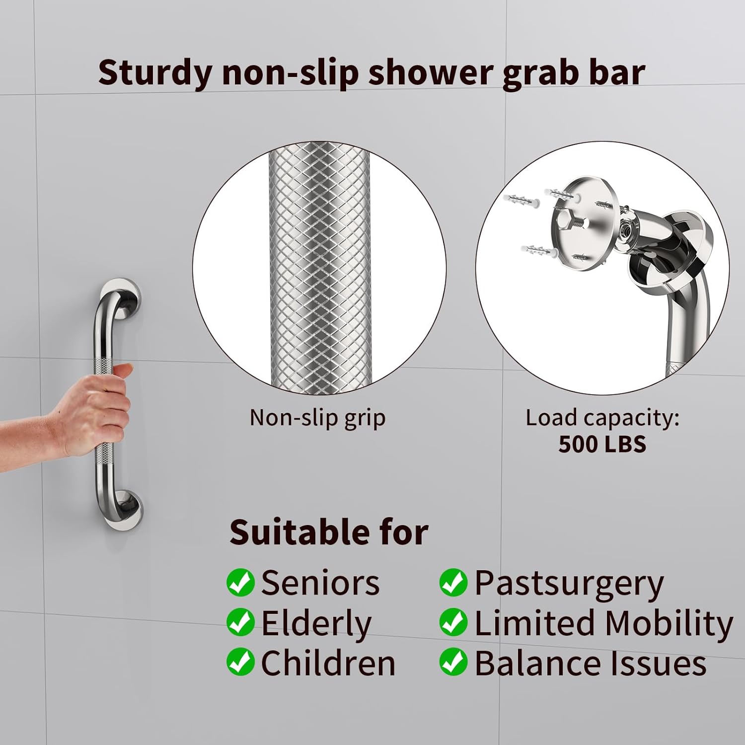2 Pack 12 Inch Anti Slip Shower Grab Bar Handle, ZUEXT Chrome Stainless Steel Bathroom Grab Bar, Knurled Bathroom Balance Bar,Safety Hand Rail Support,Handicap Elderly Injury Senior Assist Bath Handle - Image 5