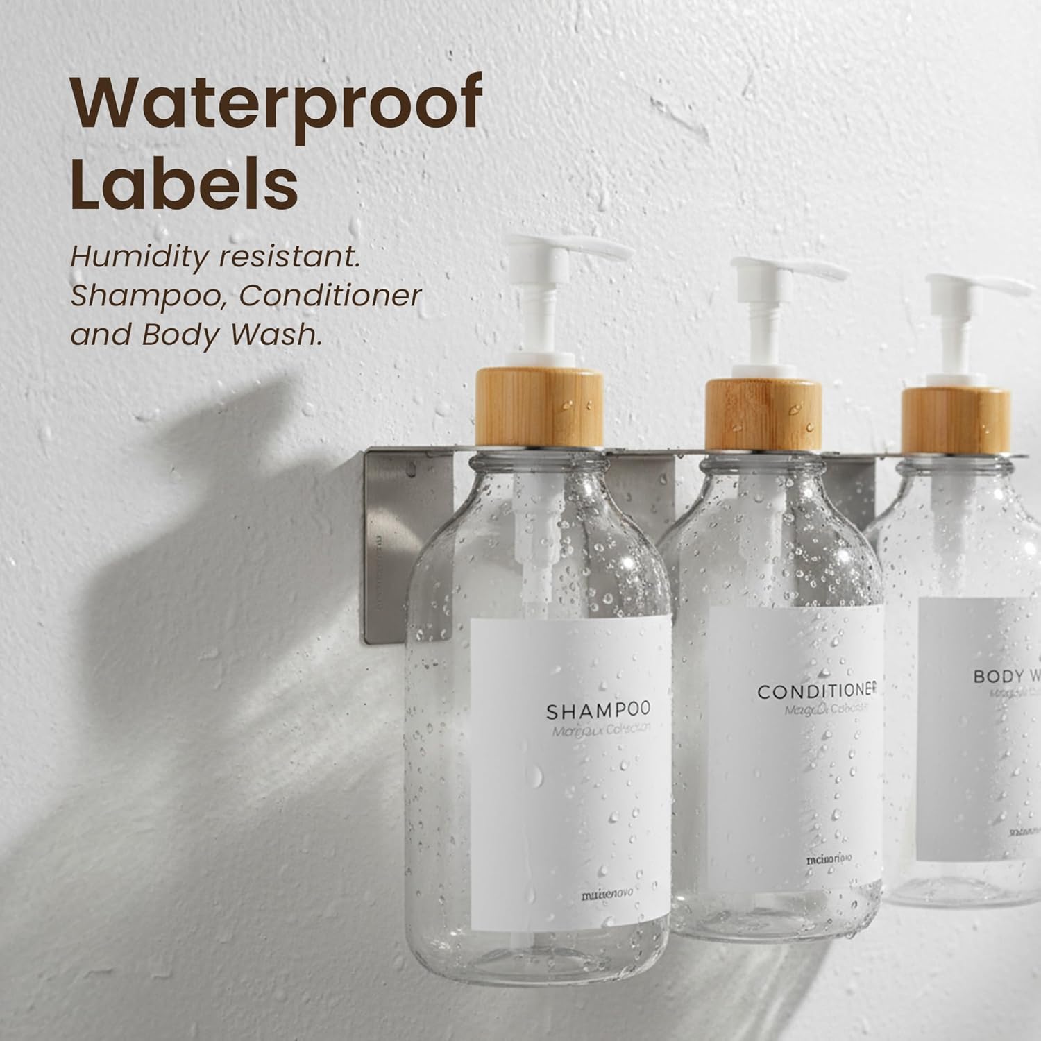 MaisoNovo Shampoo and Conditioner Dispenser - Shower Soap Dispenser Wall Mounted - 16.9 fl oz Set of 3 Clear Plastic Bottles White Bamboo Pump - Shampoo Dispenser, Shower Dispenser 3 Chamber No Drill - Image 4