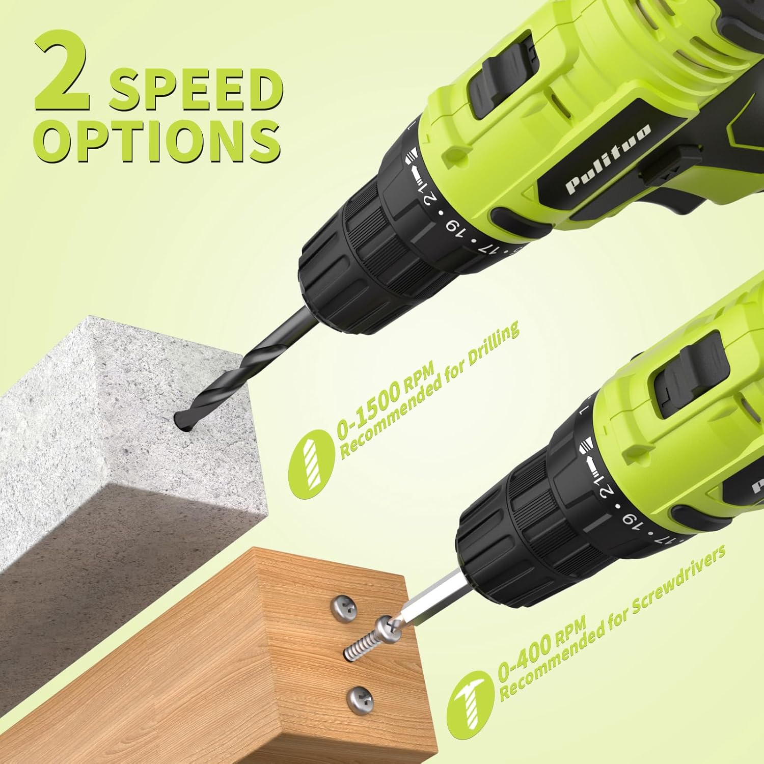 PULITUO'S 20V Cordless Drill/Driver, Electric Screwdriver - 2 Batteries, 30Nm, 21+1 Torque, 2 Speed, Keyless 3/8" Chase Drill with LED Light, Kit for Home (Green) - Image 4