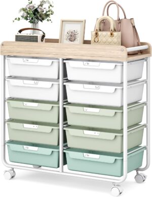 10 Drawers Rolling Cart with Wooden...