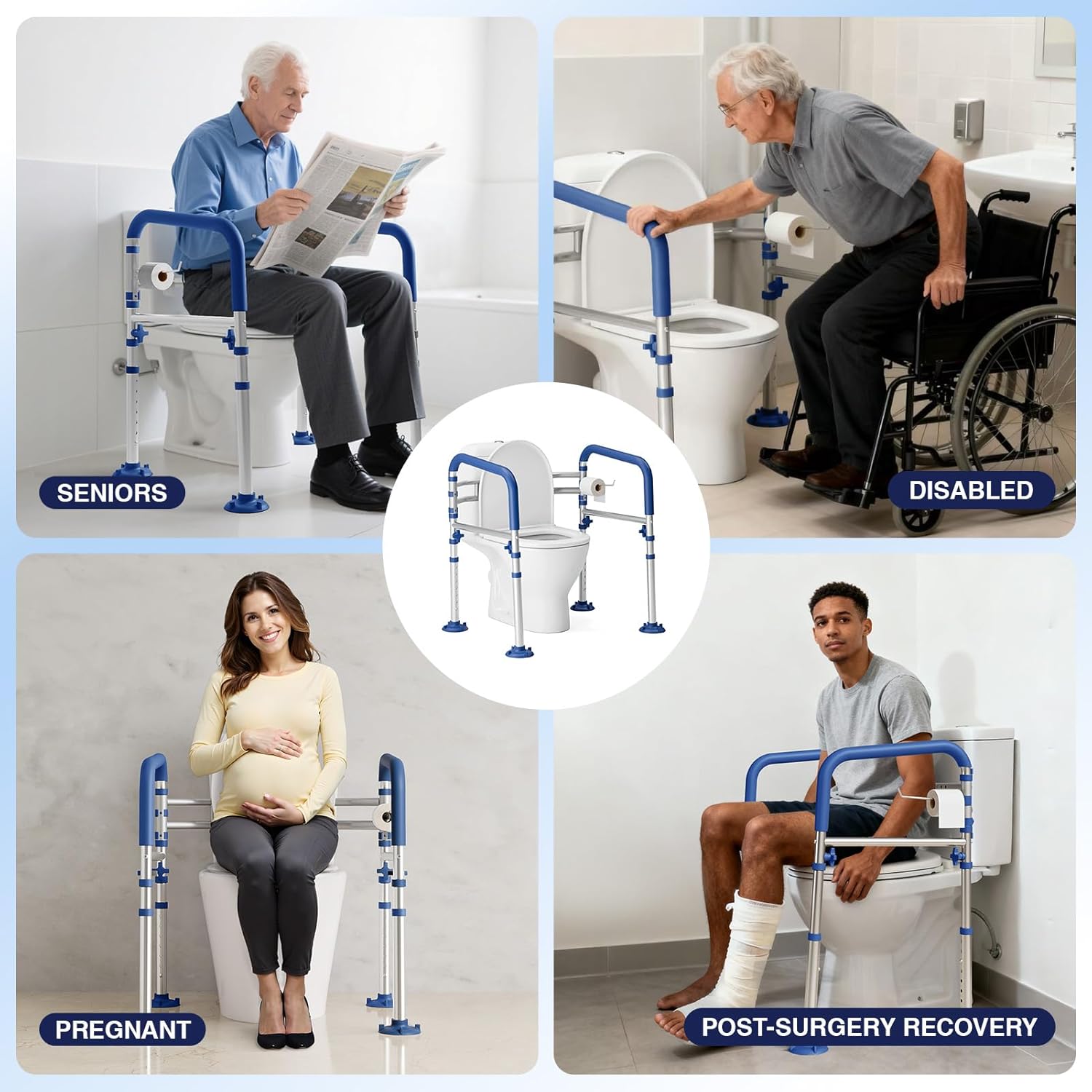 Foldable Toilet Safety Rails for Seniors - Adjustable Toilet Safety Frame & Toilet Handles for Elderly & Disabled, Fits Most Toilets, 350lb Capacity, Blue - Image 7