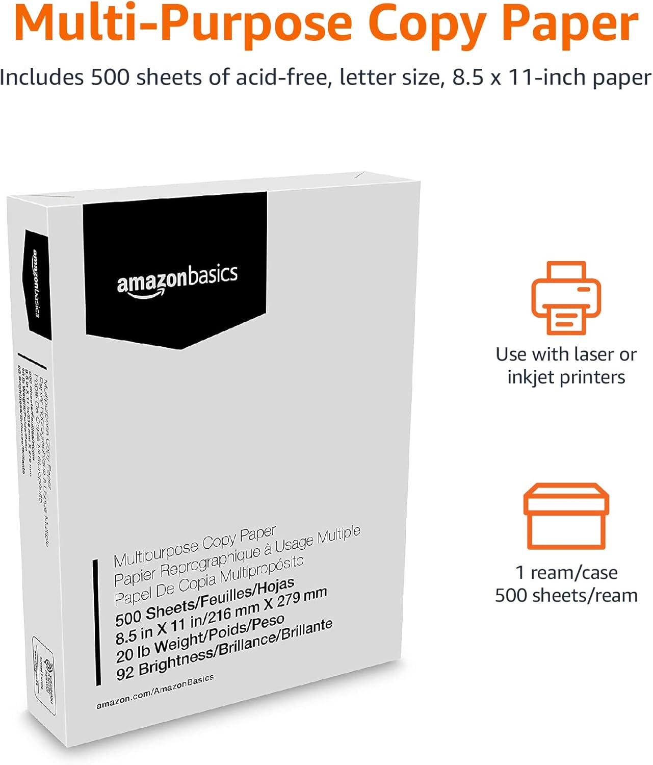 Amazon Basics Multipurpose Copy Printer Paper, 8.5 x 11 Inches, 20 lb, 1 Ream, (500 Sheets), 92 Bright, White - Image 2