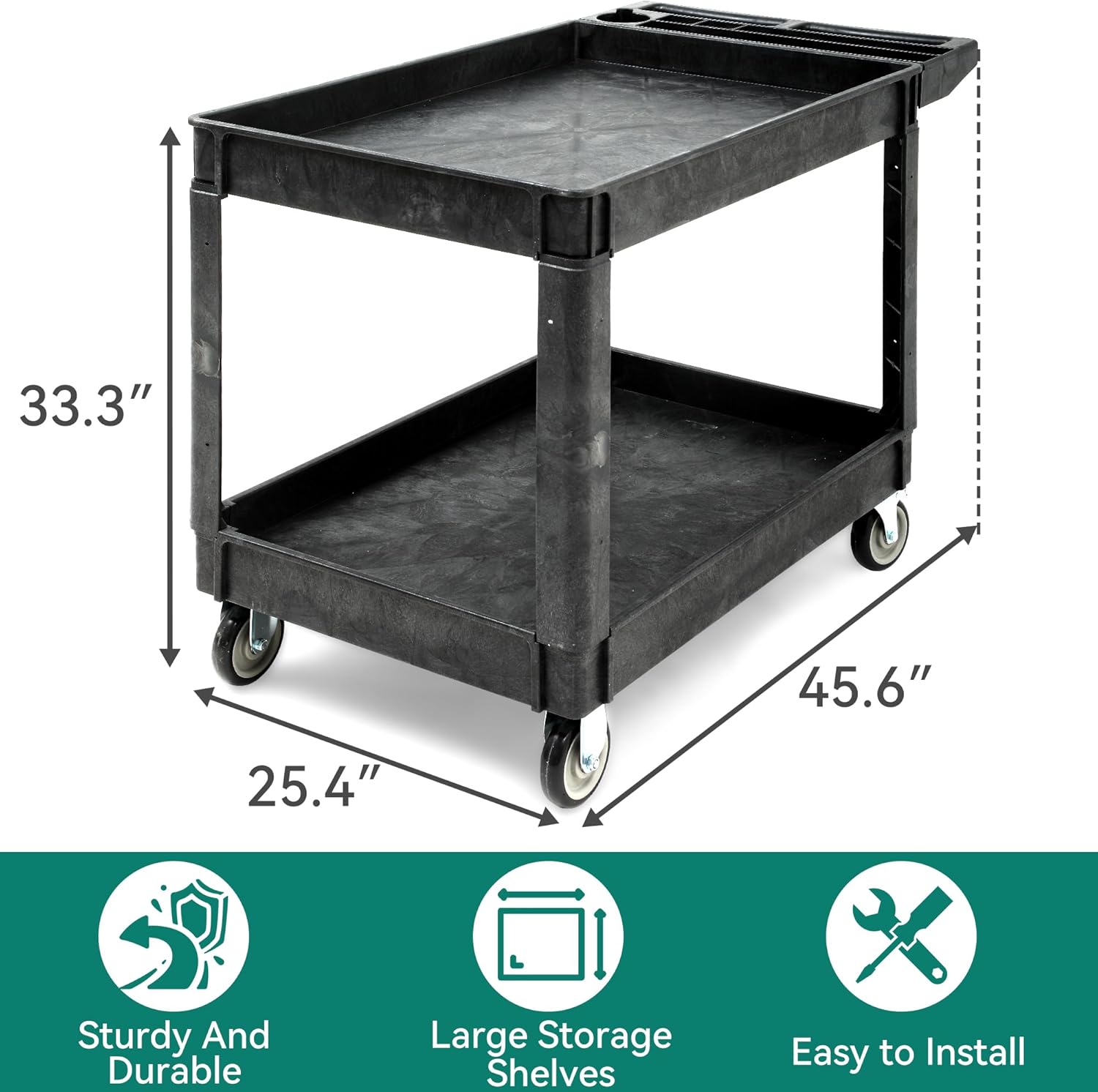 YITAHOME Utility Cart on Wheels, 550 lbs Capacity, 45 x 25 Inch Rolling Work Carts with Wheels, 2 Shelf Heavy Duty Plastic Service Cart Suitable for Warehouse, Garage, School & Office, Cleaning, Black - Image 2