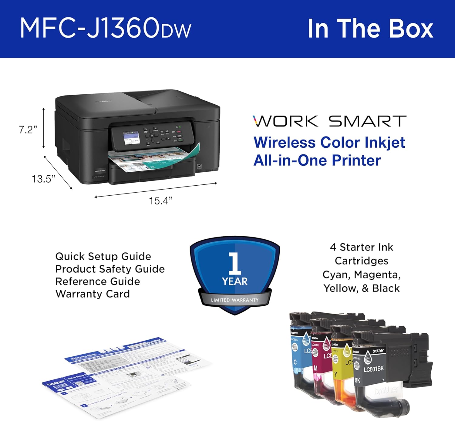 Brother Work Smart 1360 Wireless Color Inkjet All-in-One Printer with Automatic Duplex Printing and 1.8” Color Display | Includes Refresh Subscription Trial(1) (MFC-J1360DW) (Uses LC501 Series Inks) - Image 7