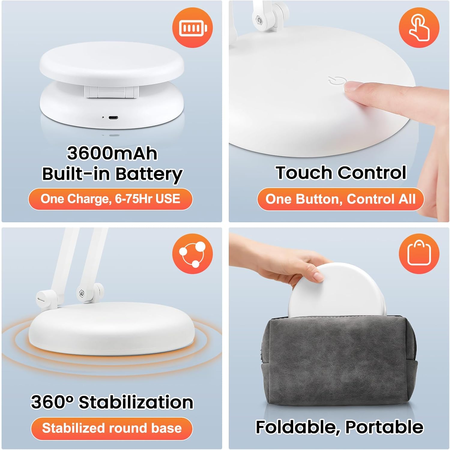 One Fire Cordless Desk Lamp,Dimmable Small Battery Powered Lights,3600mAh Rechargeable Wireless Table Lamp,Mini Lamp&Portable Light for Bed,Book Reading,Home for Small Spaces,Nail Light,Craft,Office - Image 6