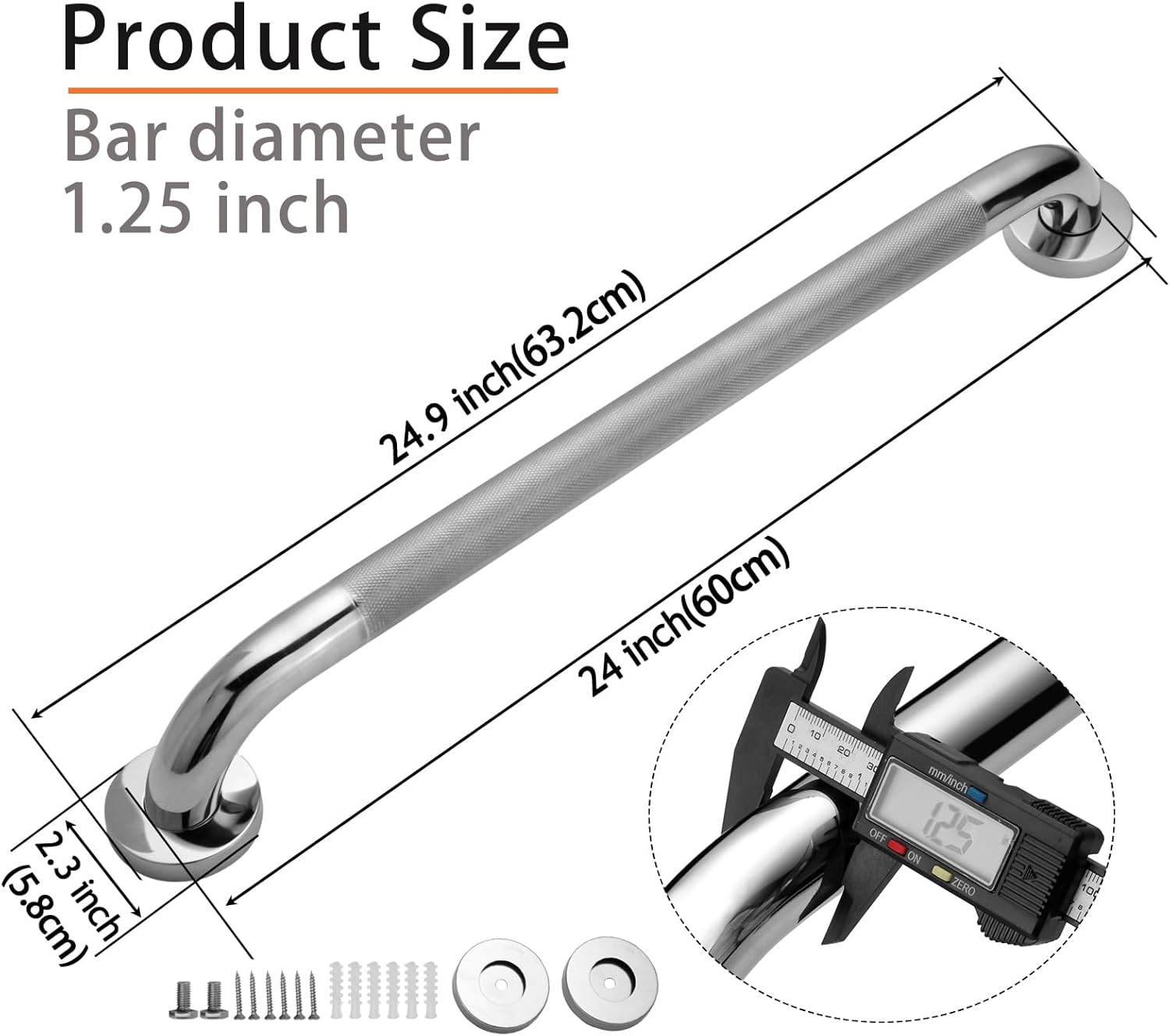 Shower Grab Bar, 2 Pack 24 Inch Bathroom Grab Bar, 304 Stainless Steel 1.25" Diameter Anti-Slip Handicap Grab Bar Support Shower Rail Senior Handrail Shower Safety Bar Handle - Image 2