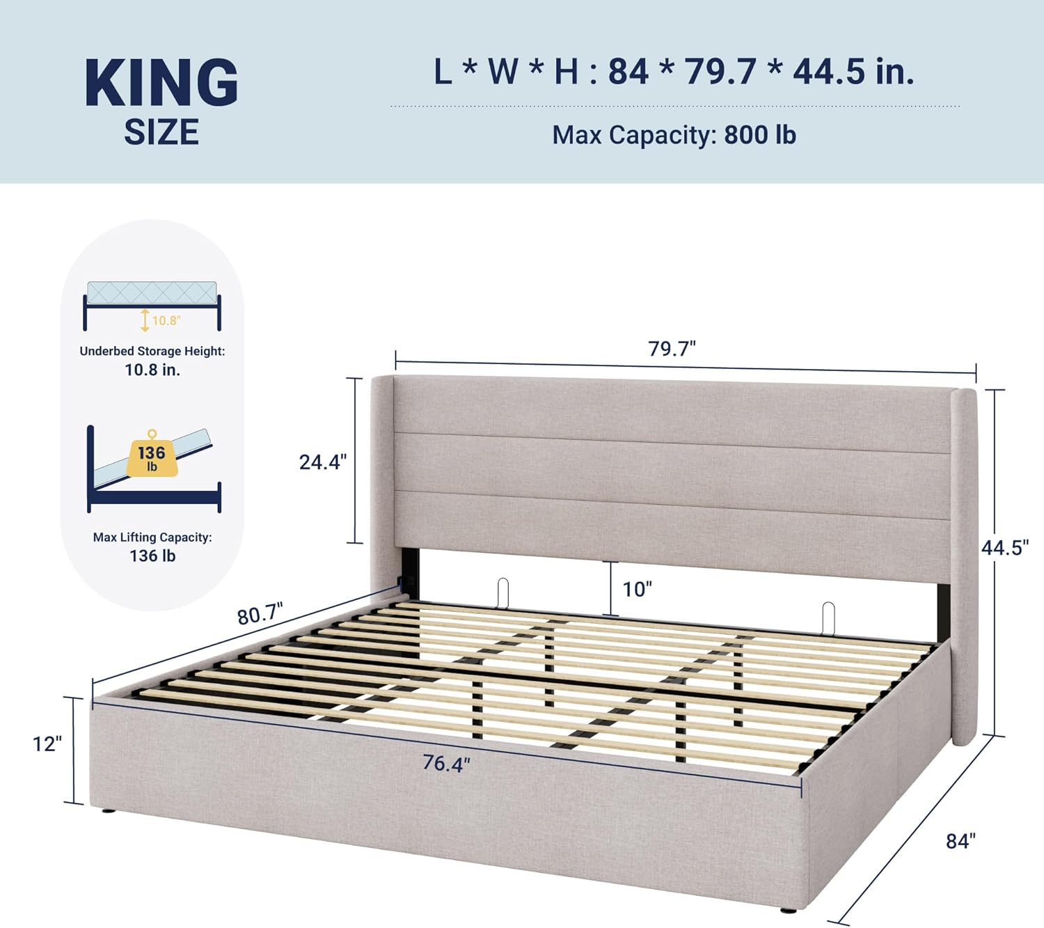 Allewie King Size Lift Up Storage Bed, Modern Wingback Headboard, Hydraulic Support, No Box Spring Needed, Light Beige - Image 2