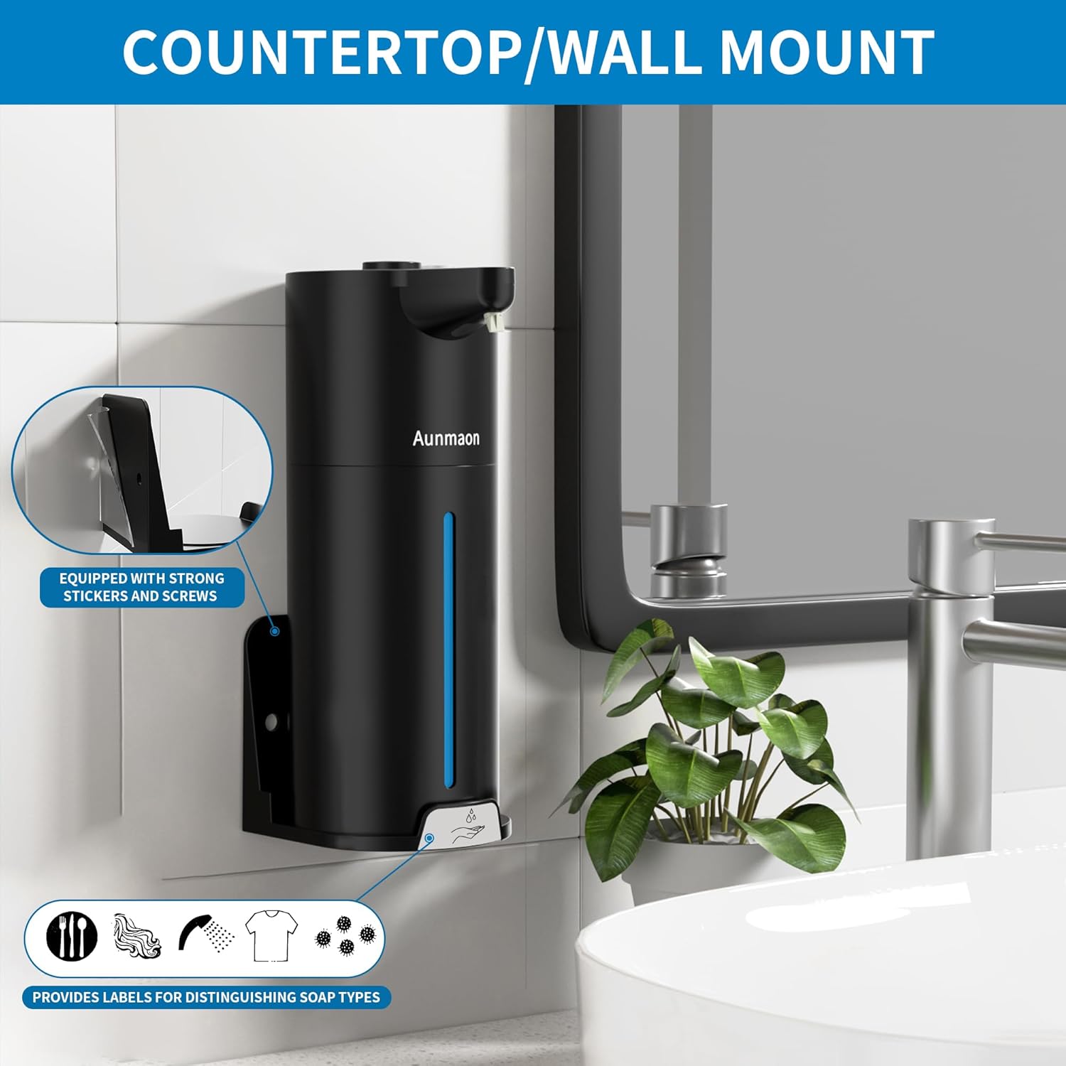 Aunmaon Automatic Soap Dispenser Touchless, Hands-Free, Multi Adjustable Volume, Long Battery Life, Compatible with Thick & Thin Dish/Hand Soap for Bathroom and Kitchen, Easy for Toddlers, Black - Image 5