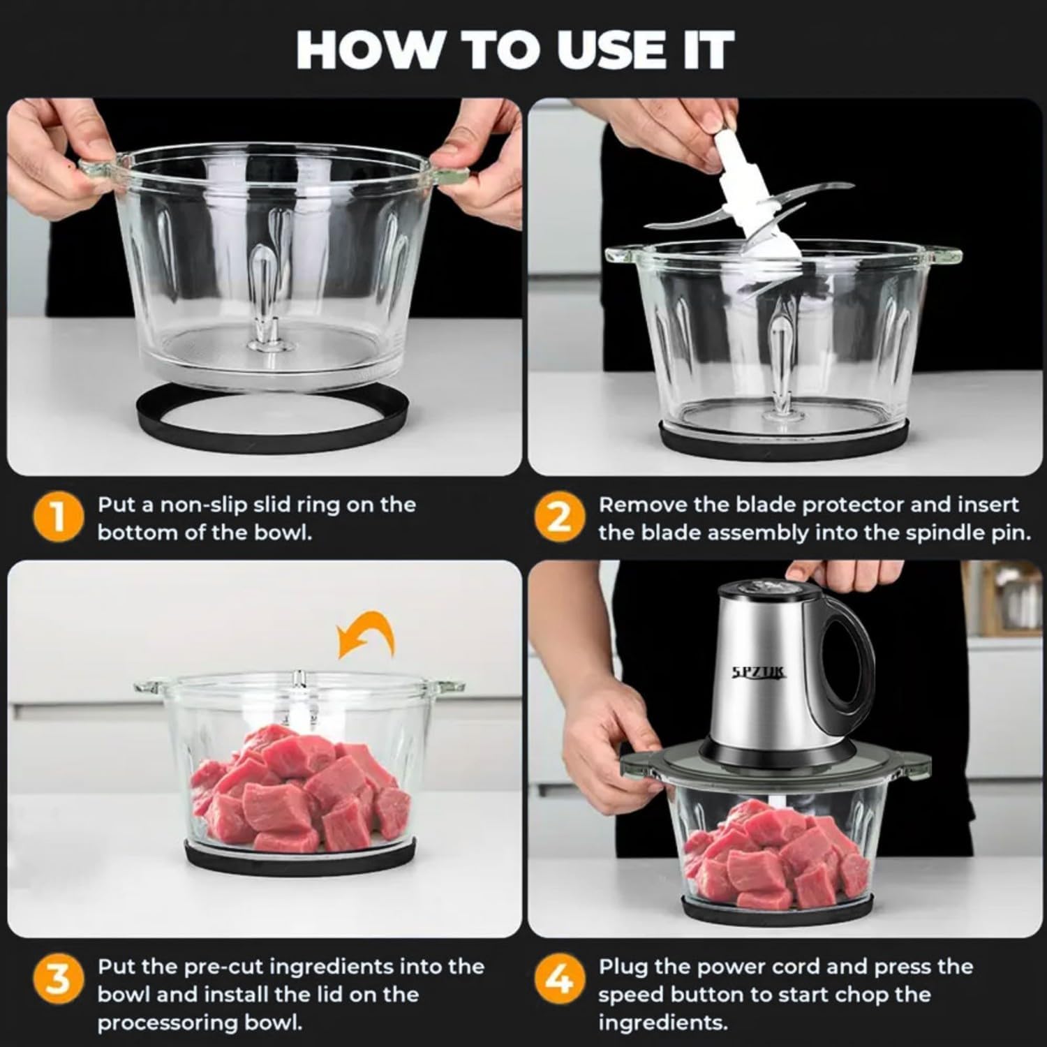 3-Speed Electric Food Processor: Meat Grinder, Vegetable Chopper & Baby Food Maker - 300W, 2 Bowls (8 Cup Stainless Steel+8 Cup Glass), Quiet Operation - Image 7